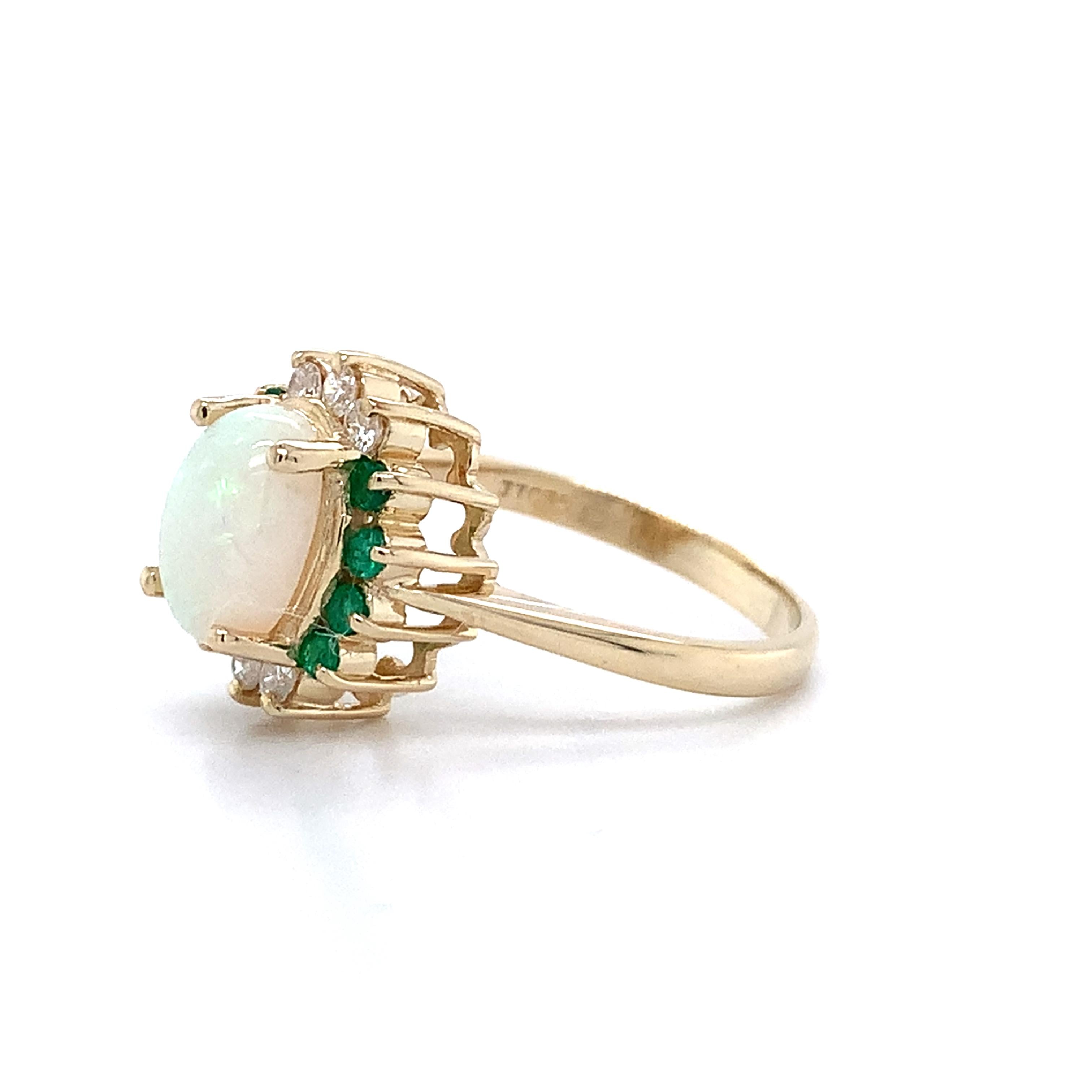14K Yellow Gold Oval Shaped White Opal With Emerald And Diamond Halo Ring Size 5