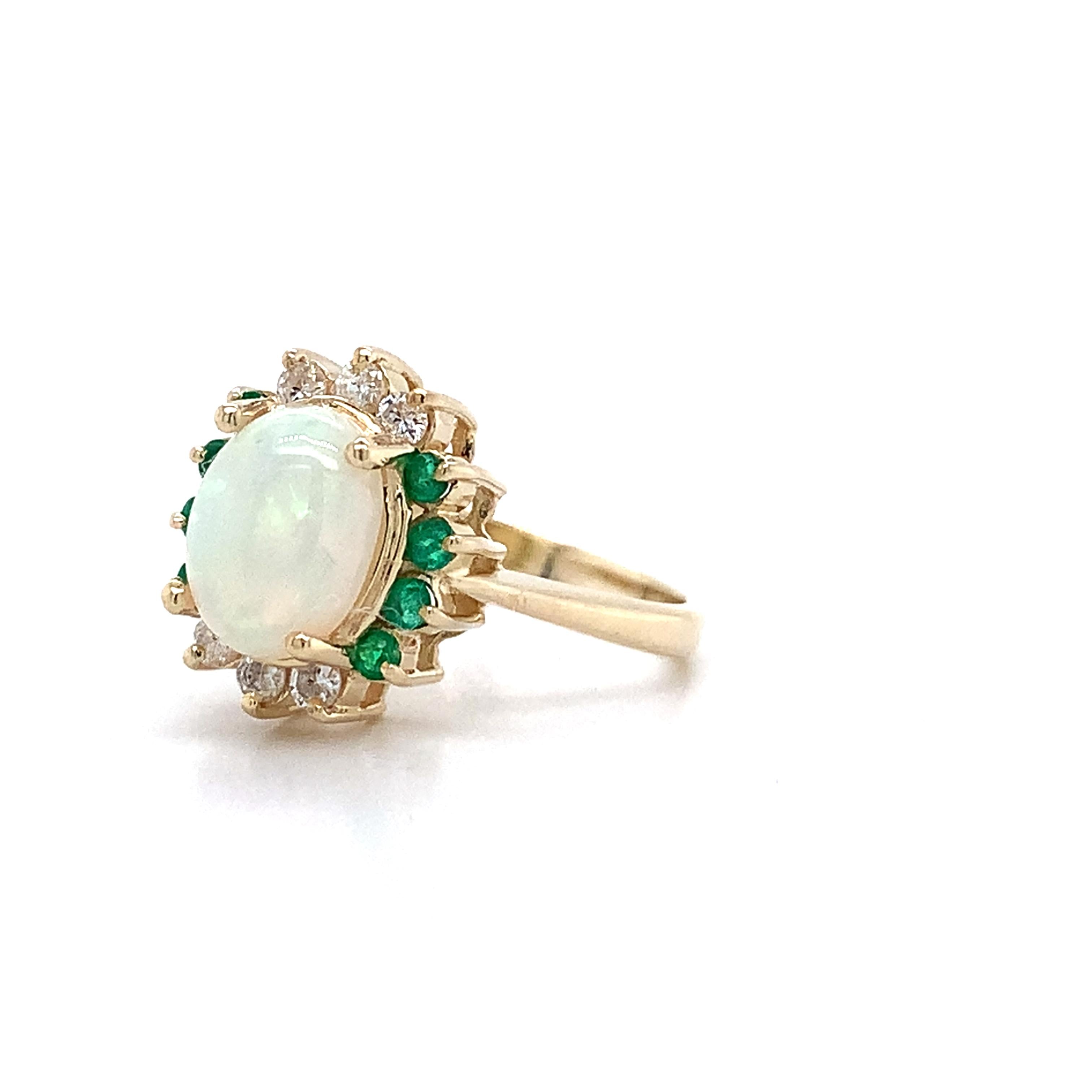 14K Yellow Gold Oval Shaped White Opal With Emerald And Diamond Halo Ring Size 5