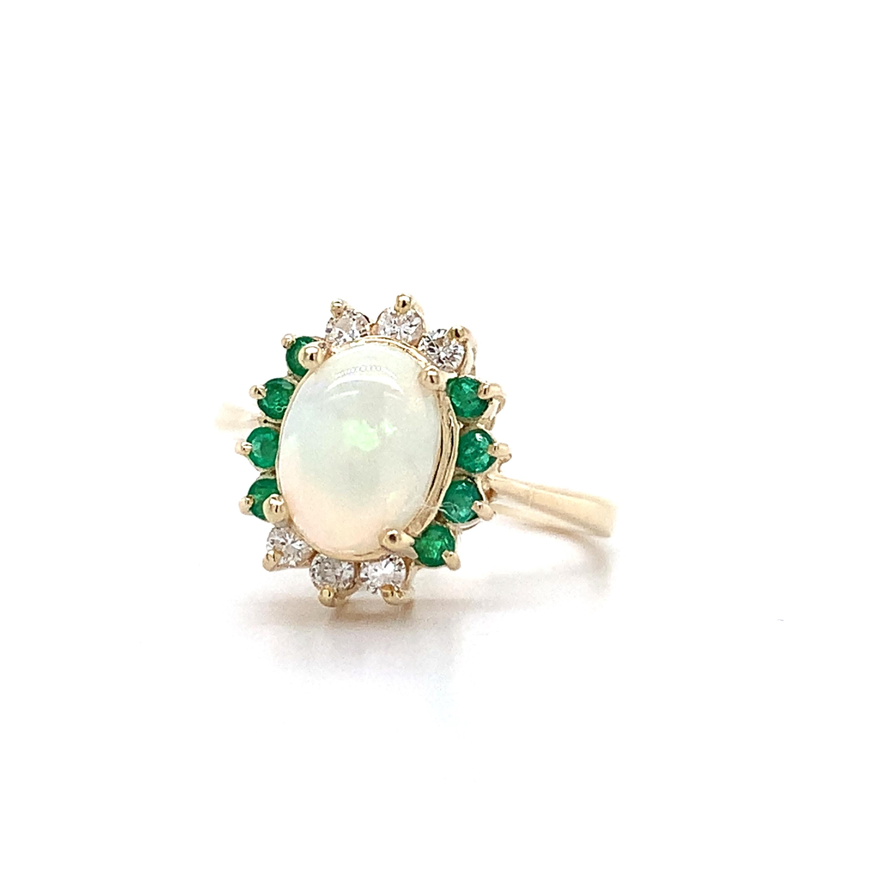 14K Yellow Gold Oval Shaped White Opal With Emerald And Diamond Halo Ring Size 5