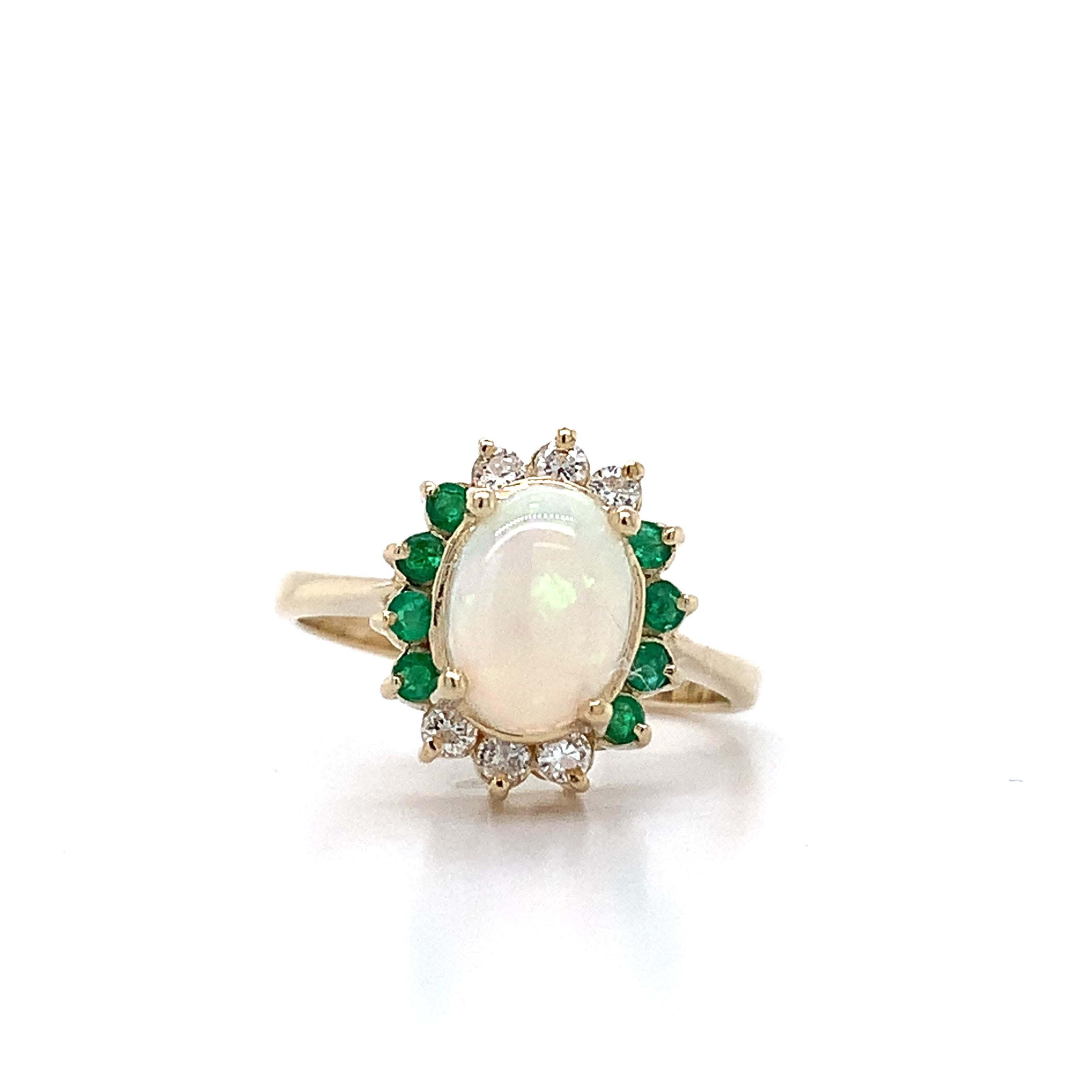 14K Yellow Gold Oval Shaped White Opal With Emerald And Diamond Halo Ring Size 5