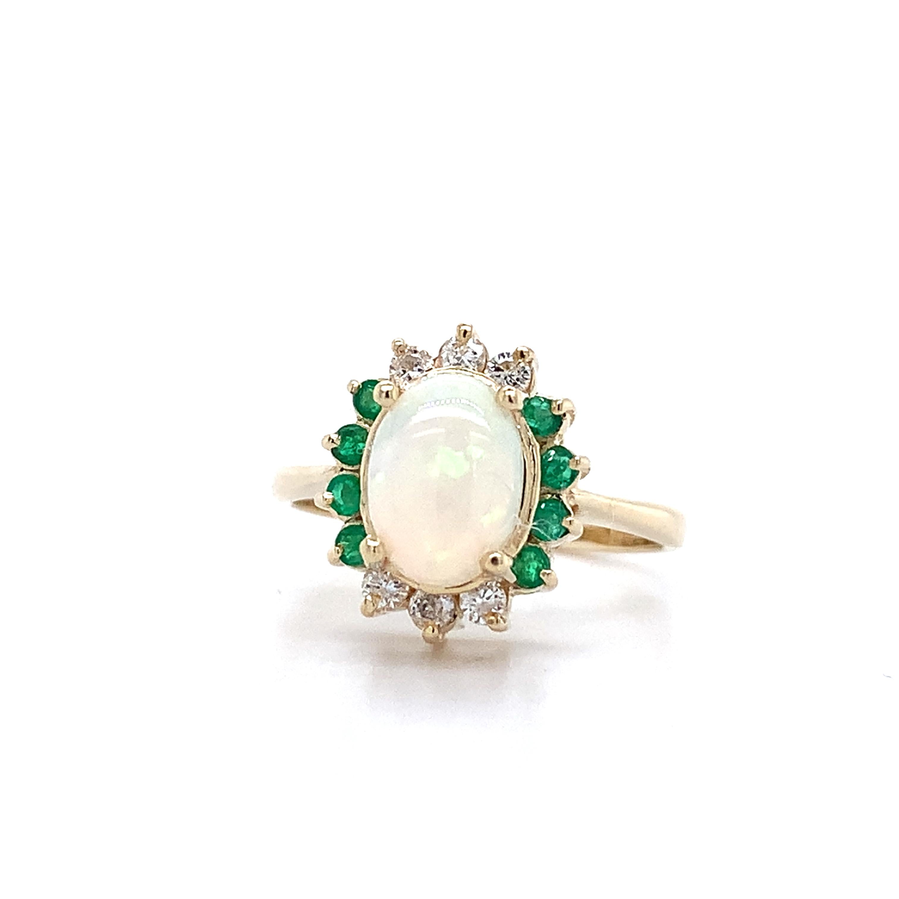 14K Yellow Gold Oval Shaped White Opal With Emerald And Diamond Halo Ring Size 5