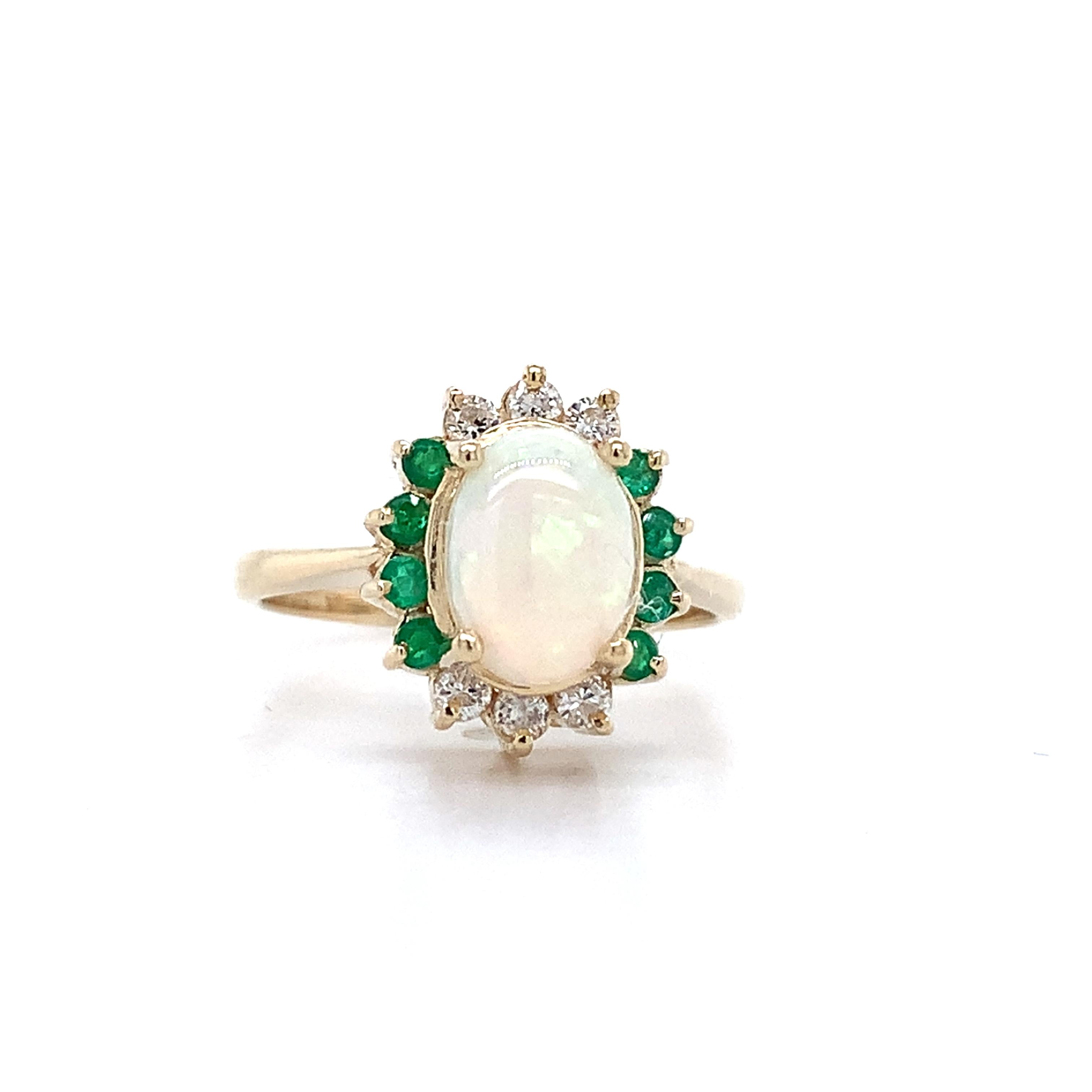 14K Yellow Gold Oval Shaped White Opal With Emerald And Diamond Halo Ring Size 5