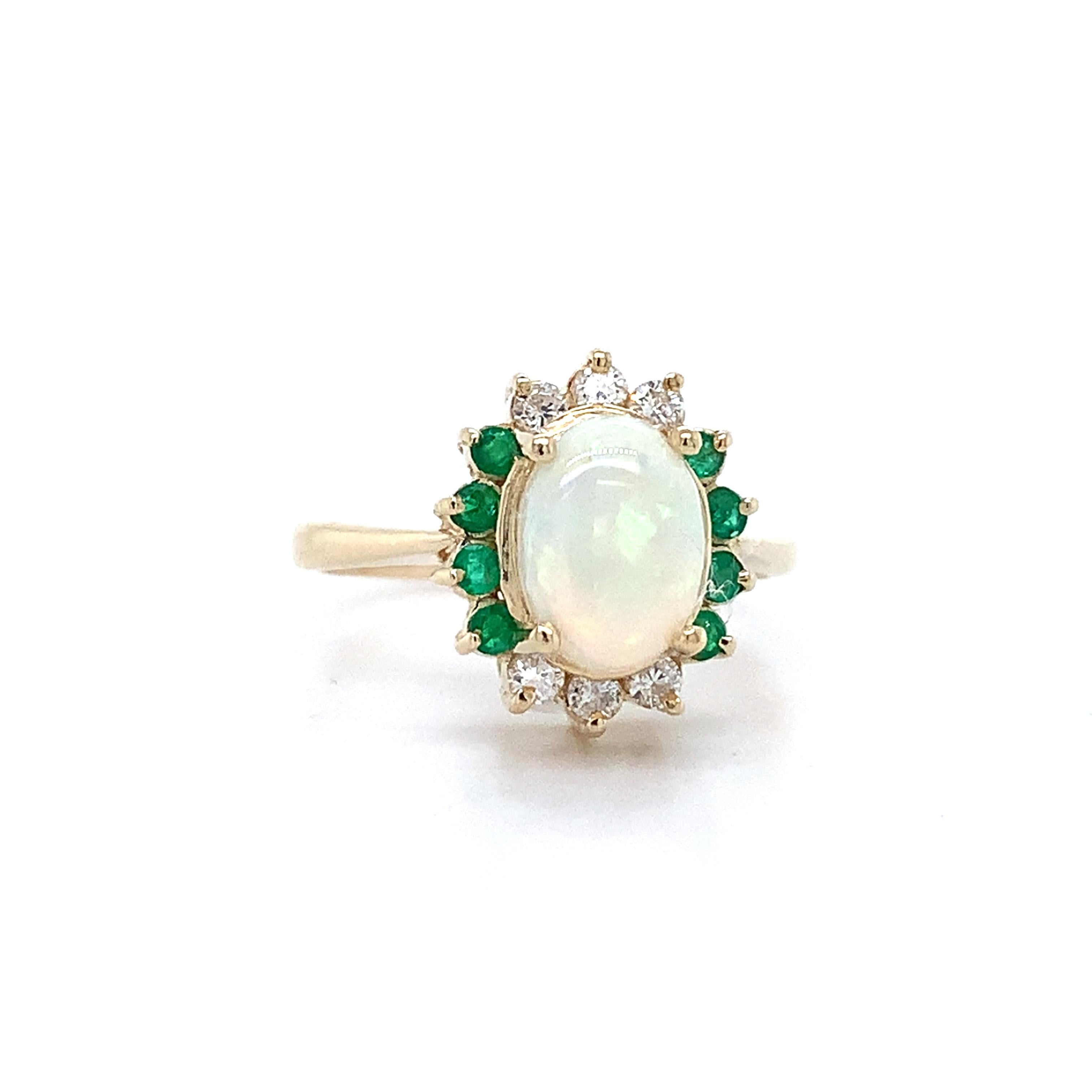 14K Yellow Gold Oval Shaped White Opal With Emerald And Diamond Halo Ring Size 5