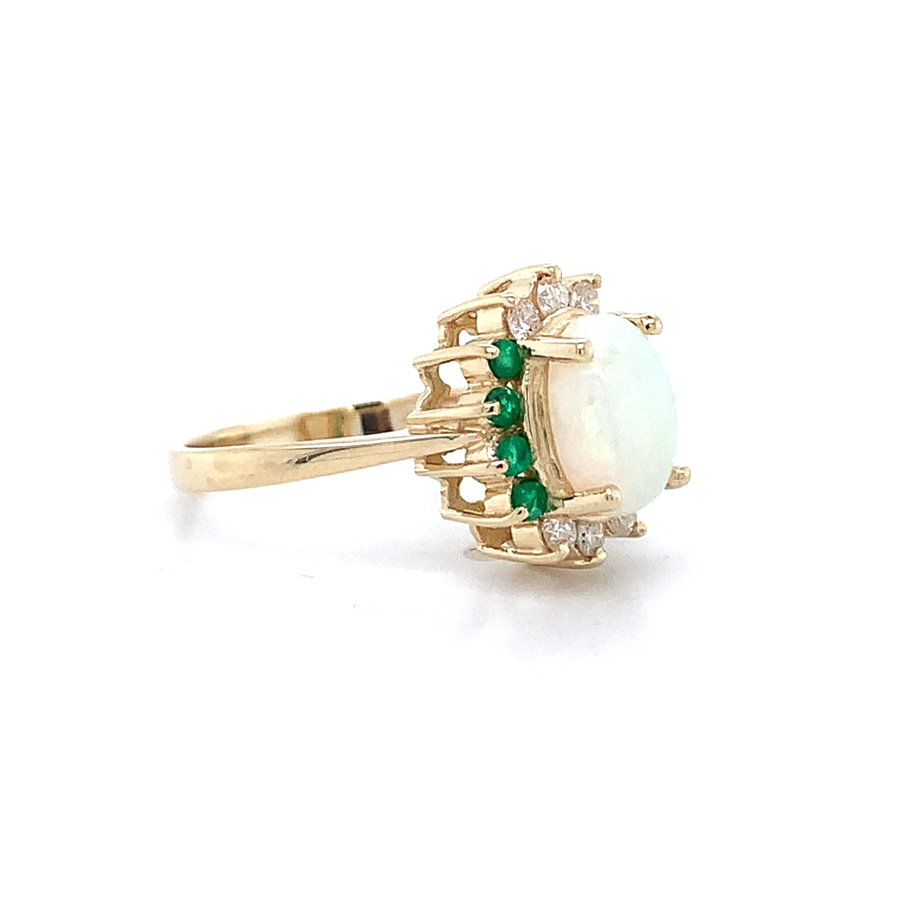 14K Yellow Gold Oval Shaped White Opal With Emerald And Diamond Halo Ring Size 5