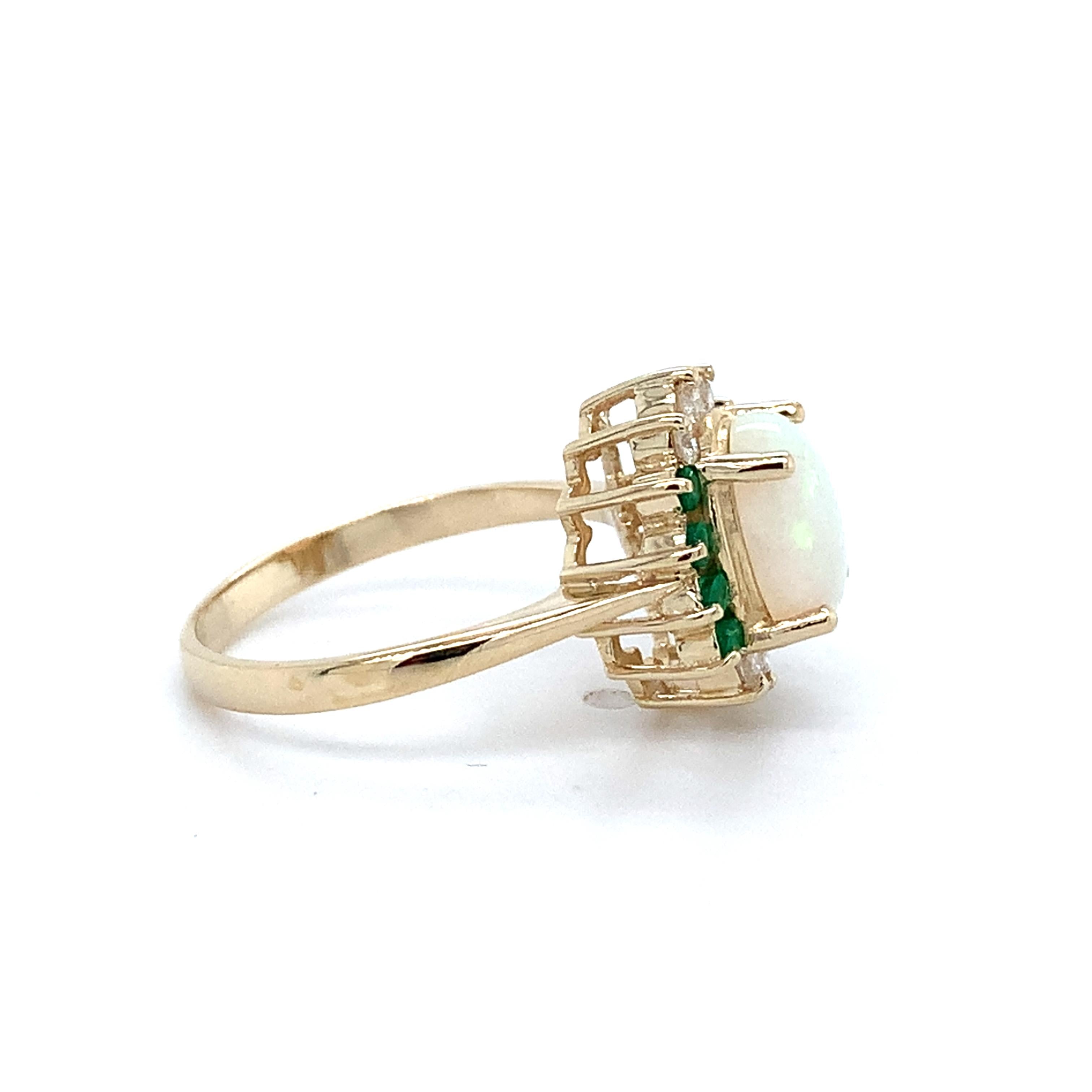 14K Yellow Gold Oval Shaped White Opal With Emerald And Diamond Halo Ring Size 5