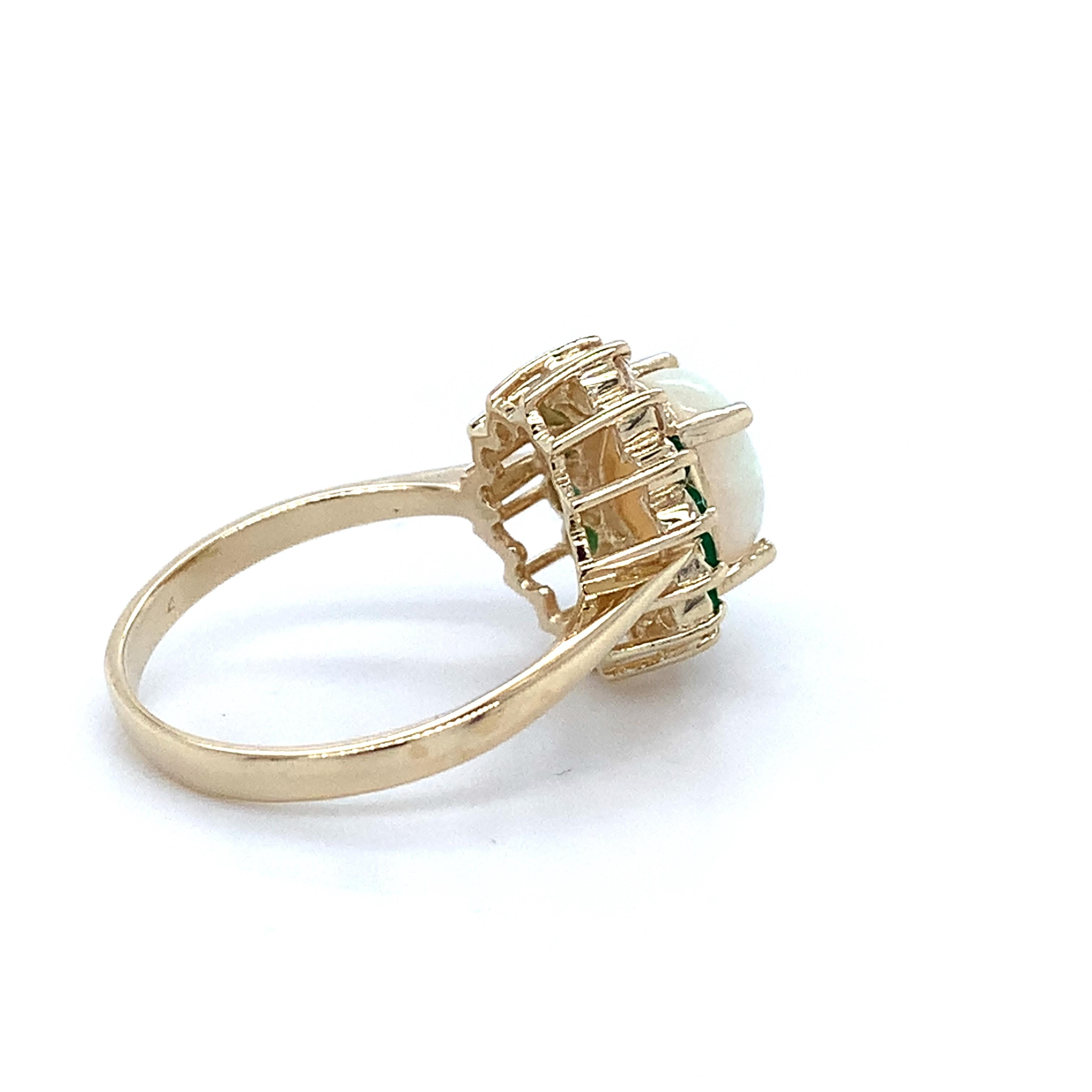 14K Yellow Gold Oval Shaped White Opal With Emerald And Diamond Halo Ring Size 5