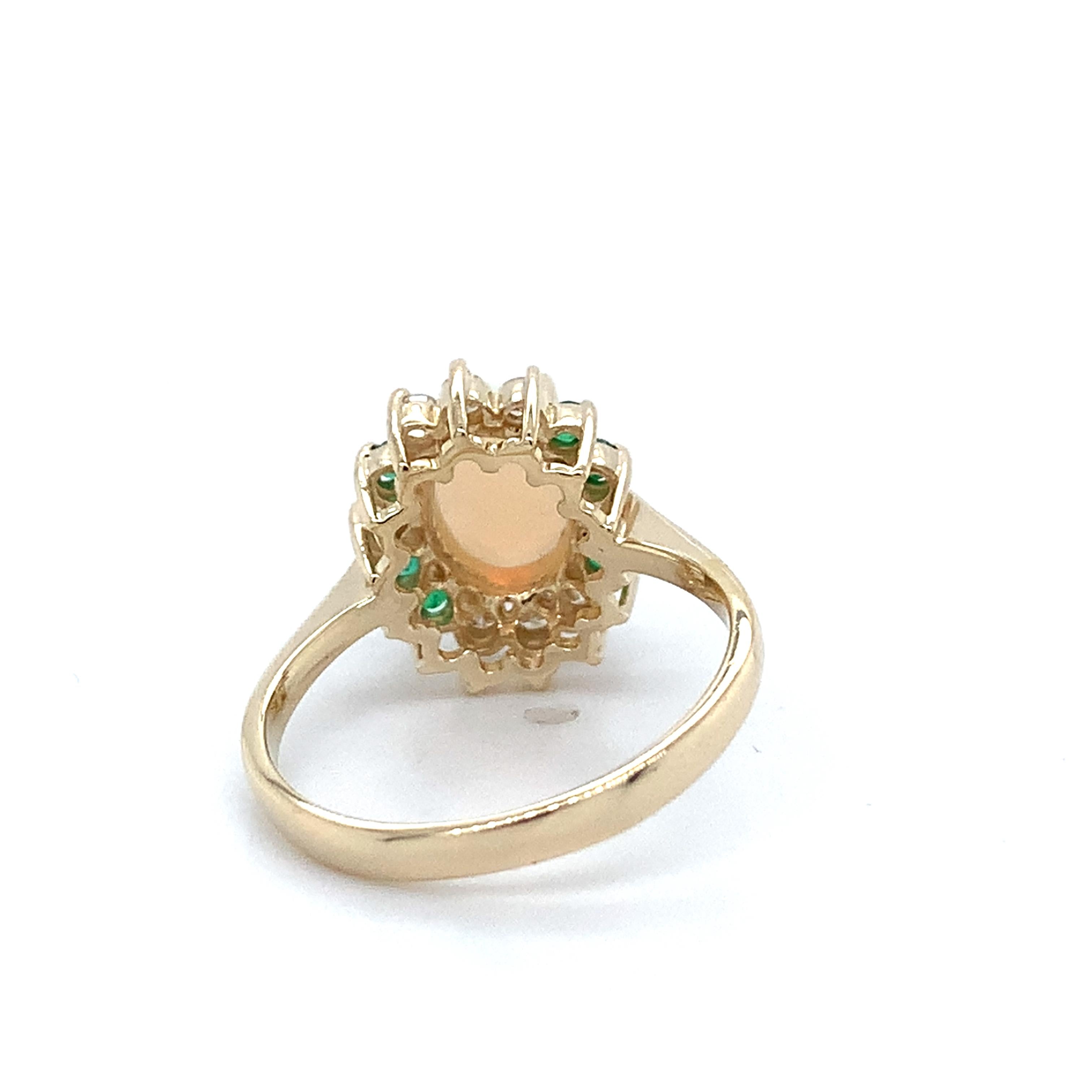 14K Yellow Gold Oval Shaped White Opal With Emerald And Diamond Halo Ring Size 5