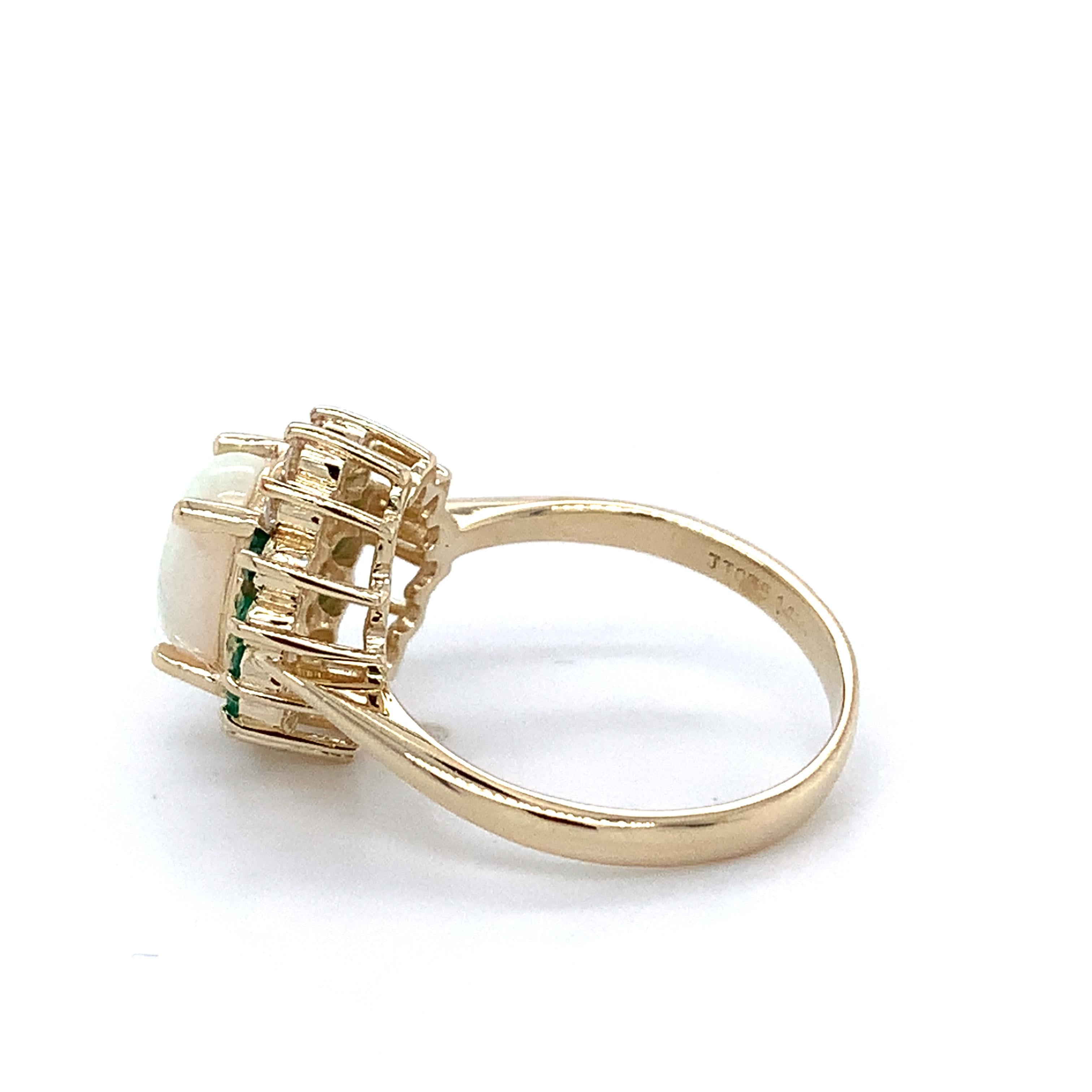 14K Yellow Gold Oval Shaped White Opal With Emerald And Diamond Halo Ring Size 5