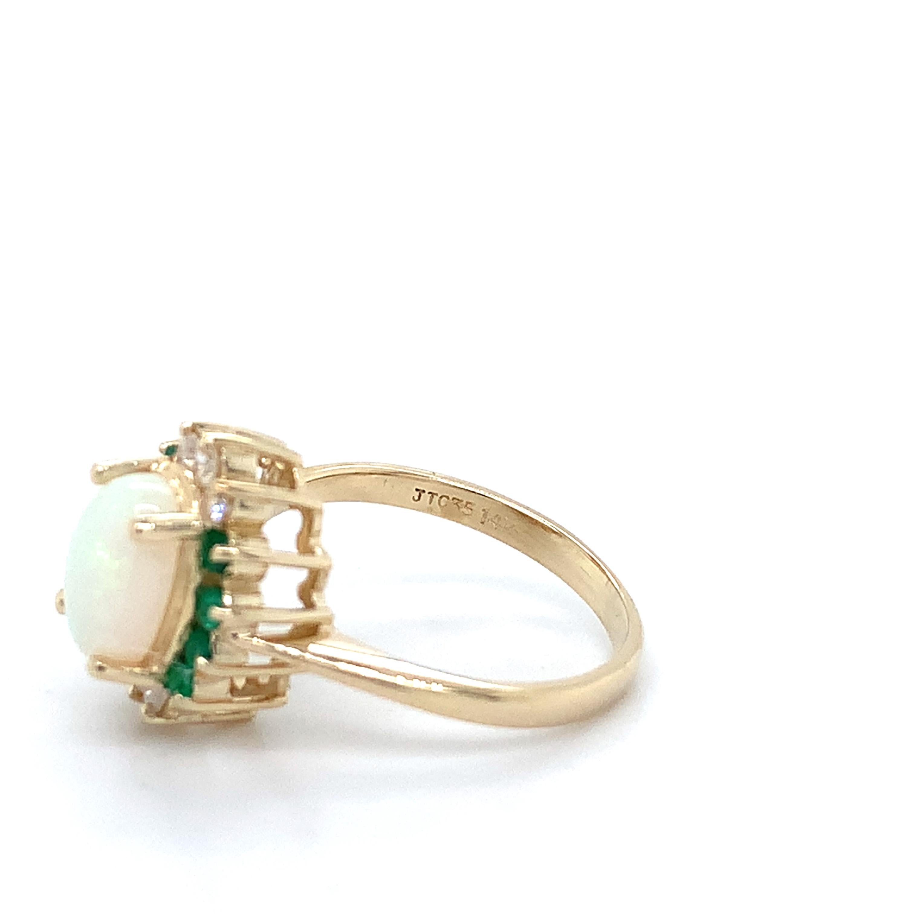 14K Yellow Gold Oval Shaped White Opal With Emerald And Diamond Halo Ring Size 5