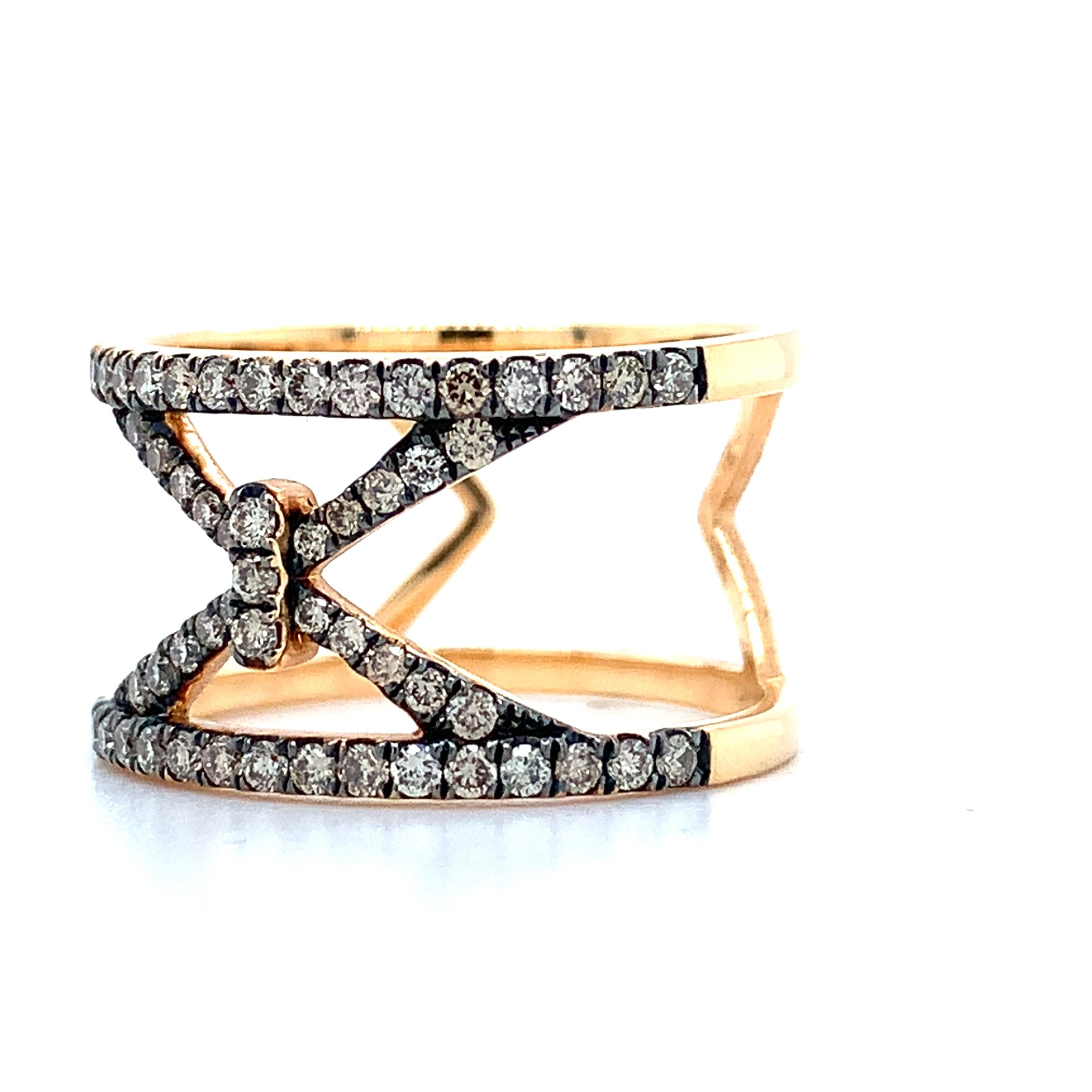 Piazza Italia 18K Rose Gold Pave Brown Diamond Open X Wide Ring Size 6.75