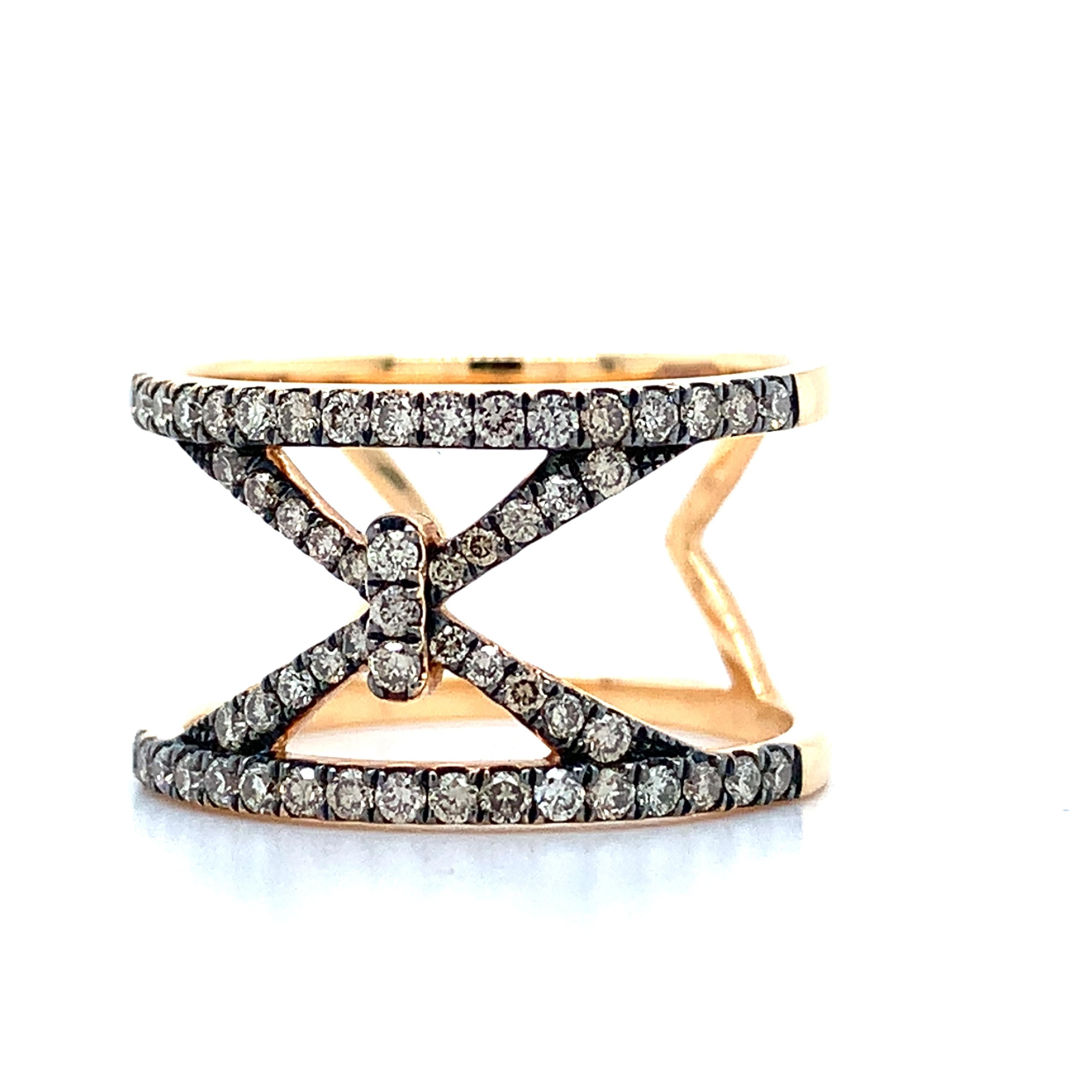 Piazza Italia 18K Rose Gold Pave Brown Diamond Open X Wide Ring Size 6.75