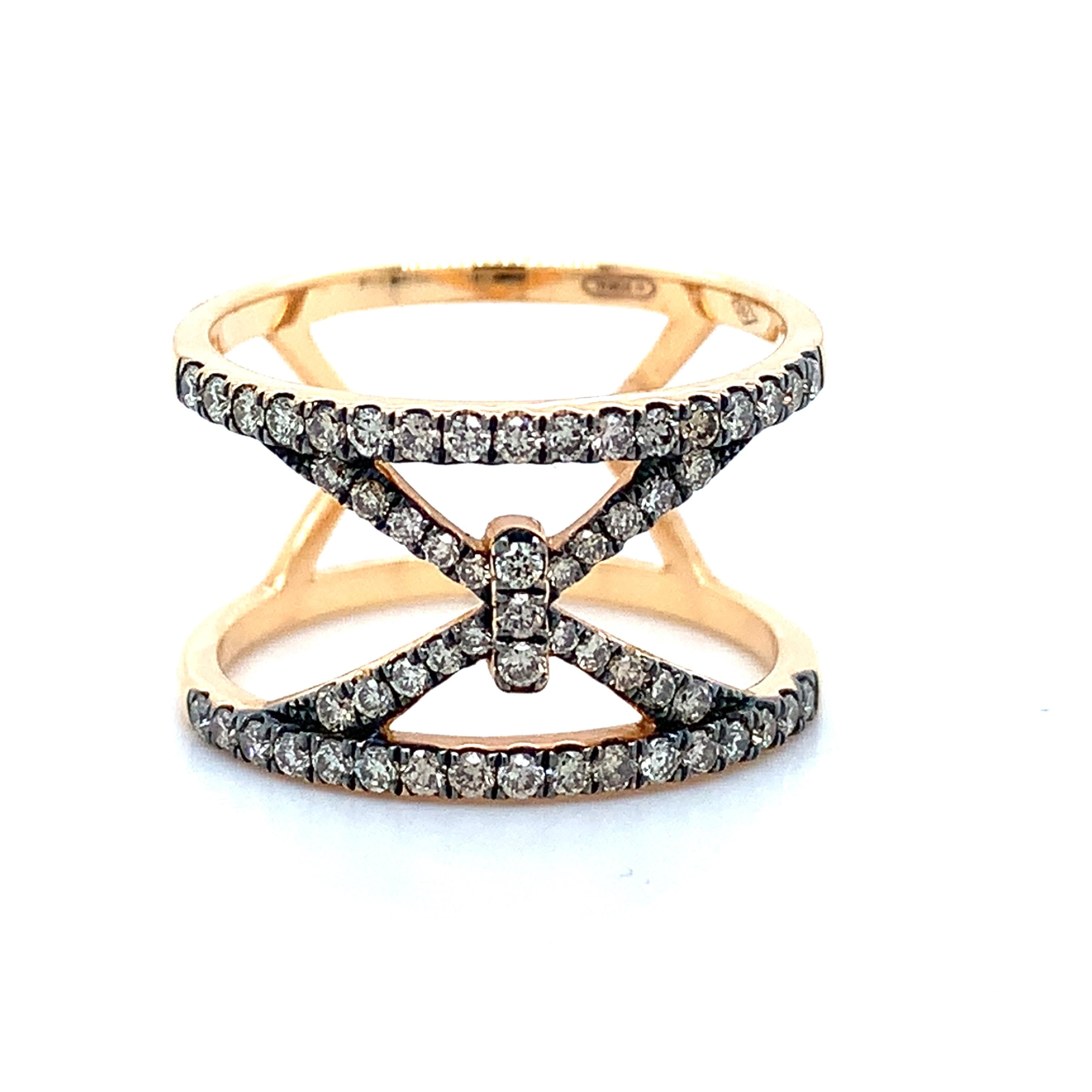 Piazza Italia 18K Rose Gold Pave Brown Diamond Open X Wide Ring Size 6.75