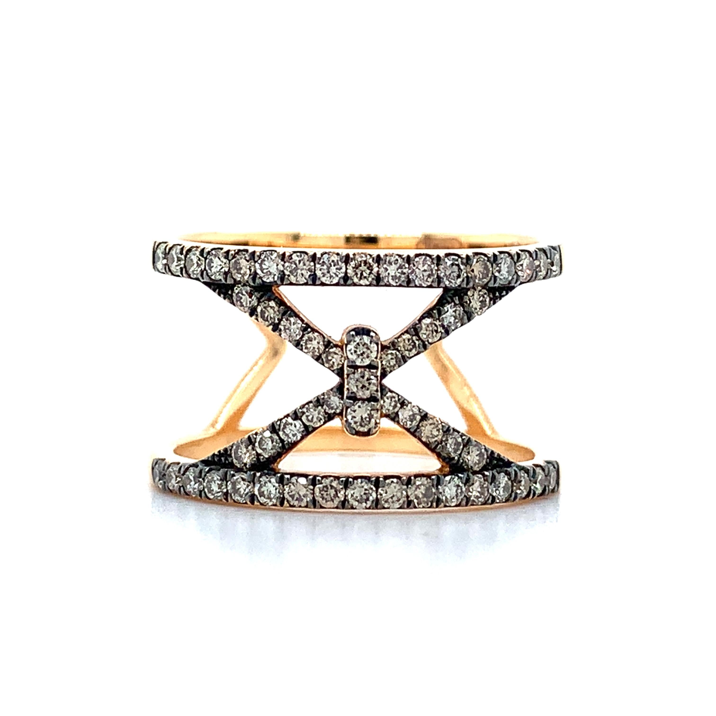 Piazza Italia 18K Rose Gold Pave Brown Diamond Open X Wide Ring Size 6.75