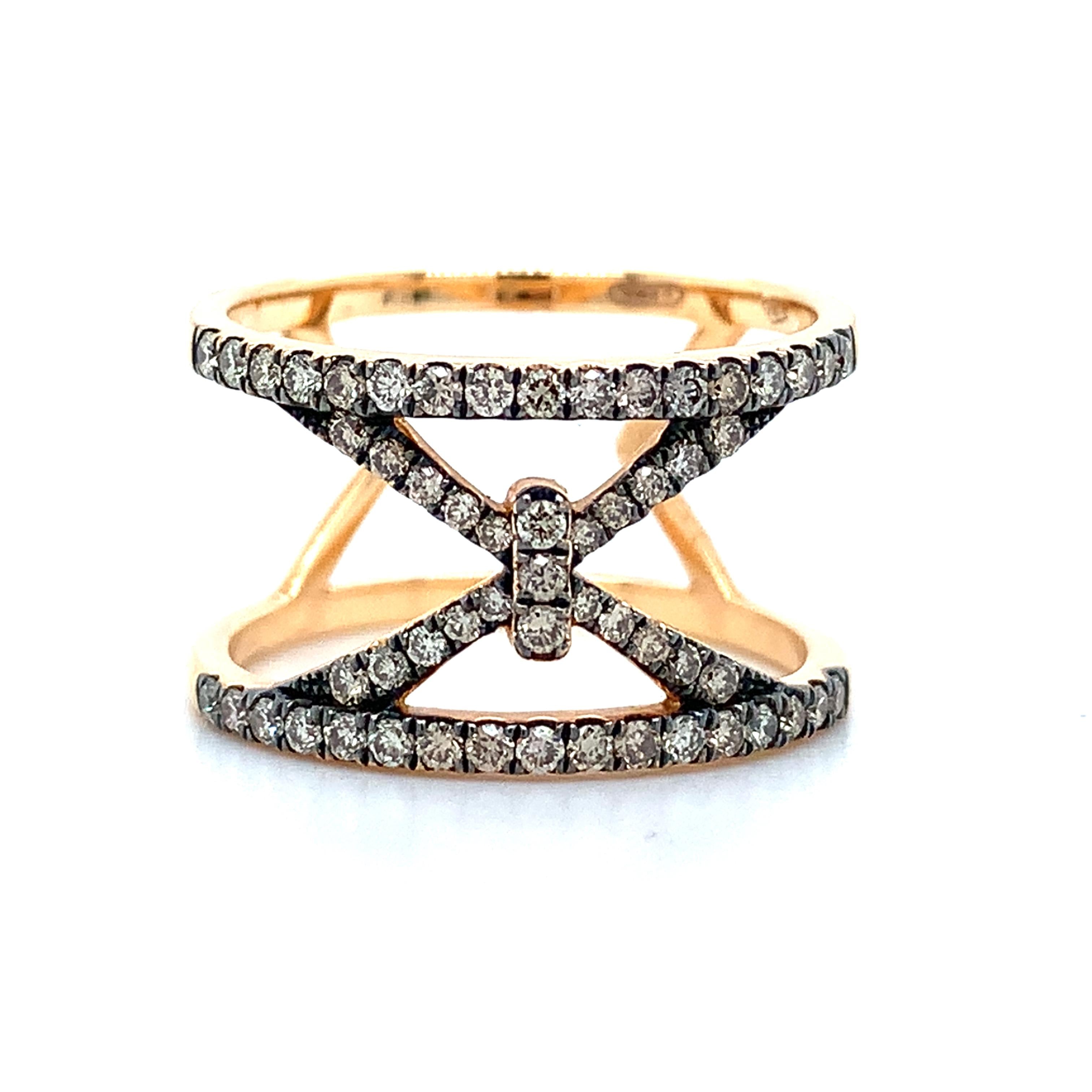 Piazza Italia 18K Rose Gold Pave Brown Diamond Open X Wide Ring Size 6.75