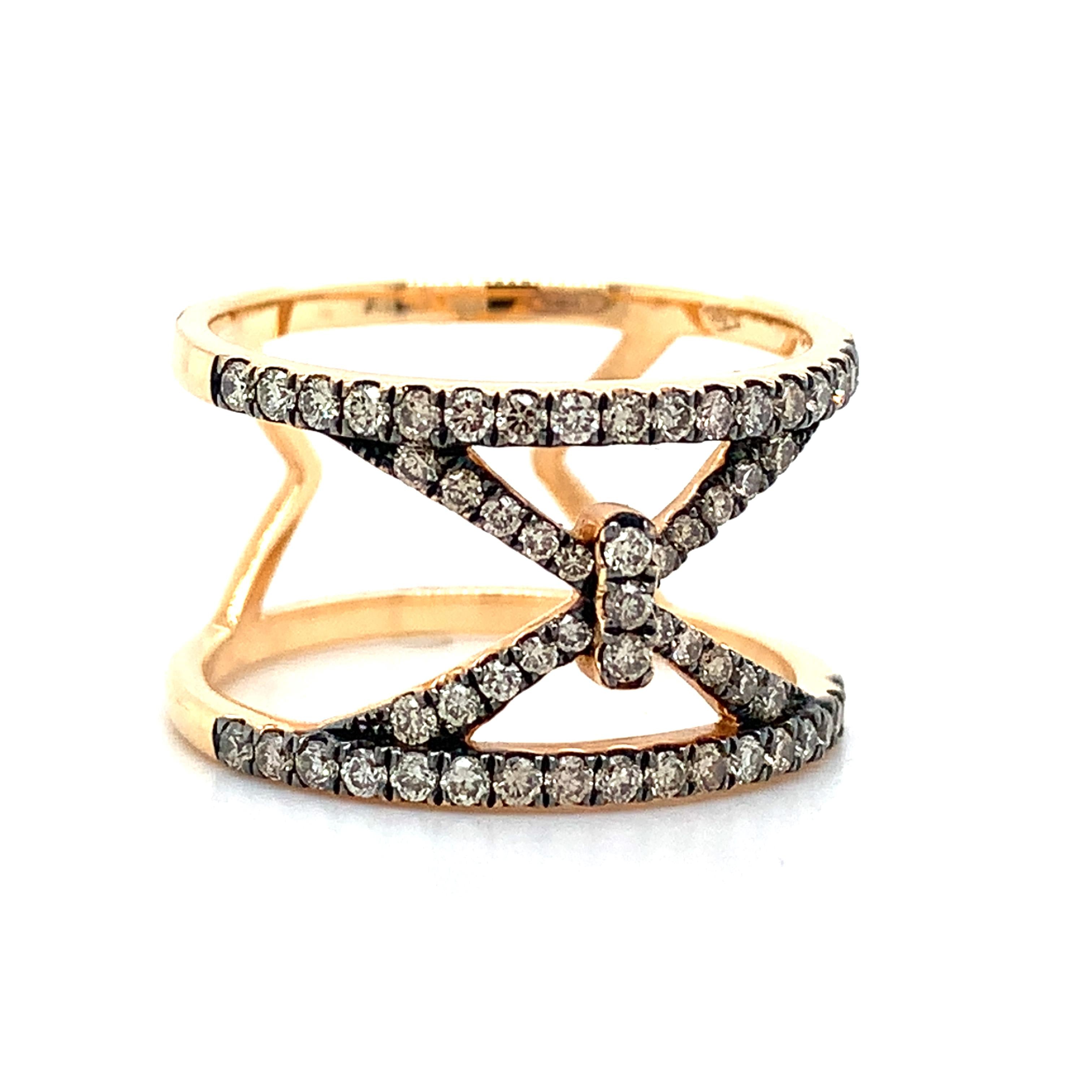 Piazza Italia 18K Rose Gold Pave Brown Diamond Open X Wide Ring Size 6.75