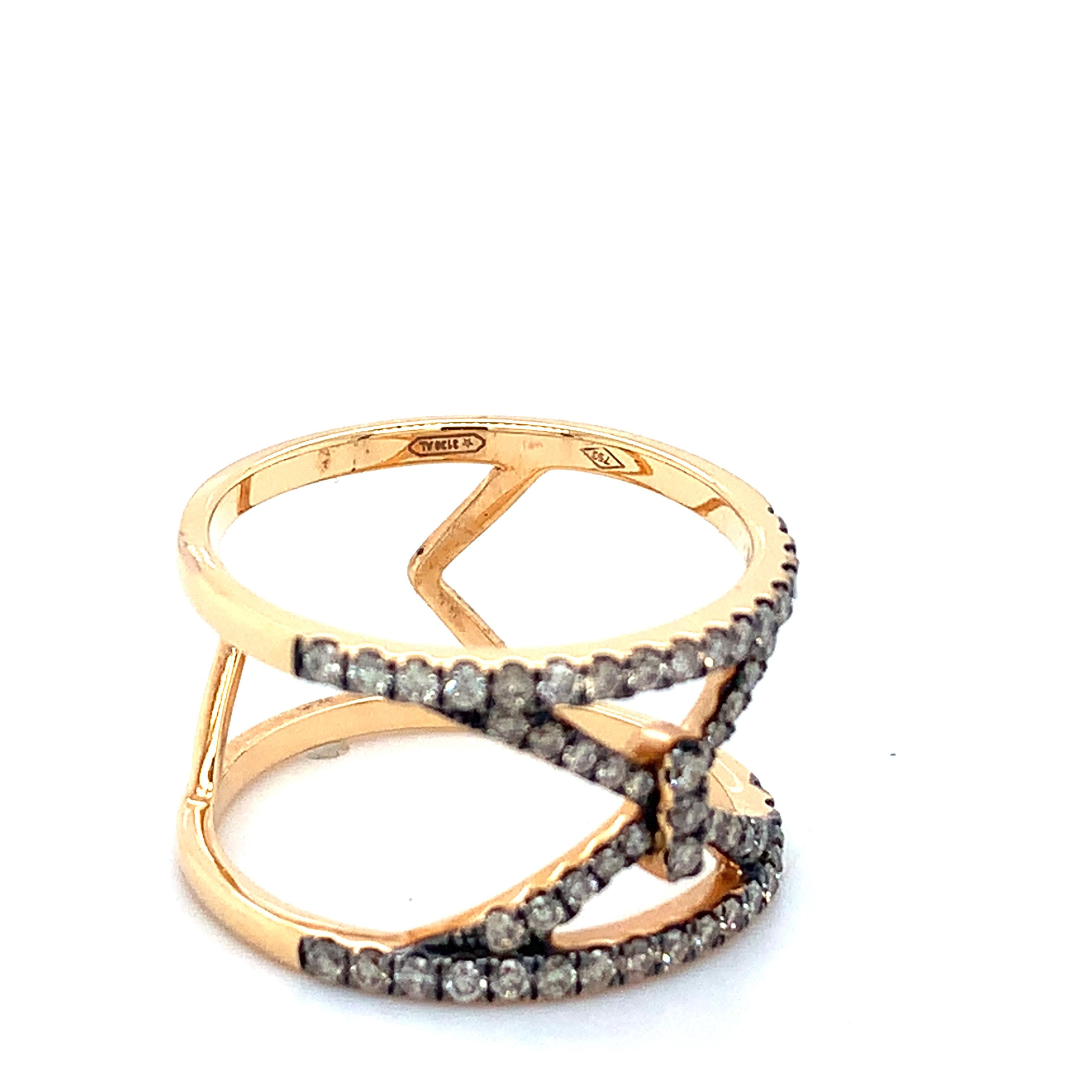 Piazza Italia 18K Rose Gold Pave Brown Diamond Open X Wide Ring Size 6.75
