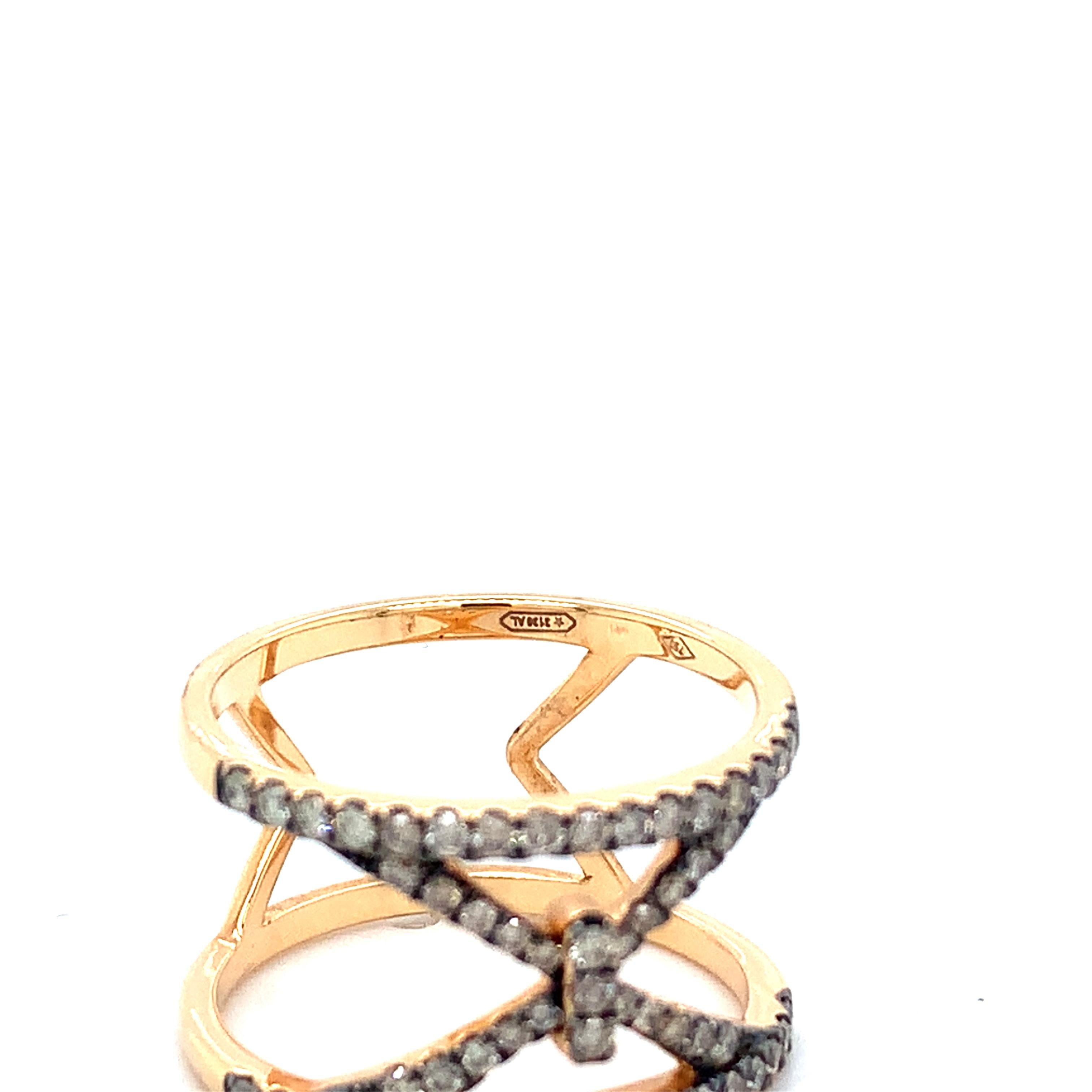 Piazza Italia 18K Rose Gold Pave Brown Diamond Open X Wide Ring Size 6.75