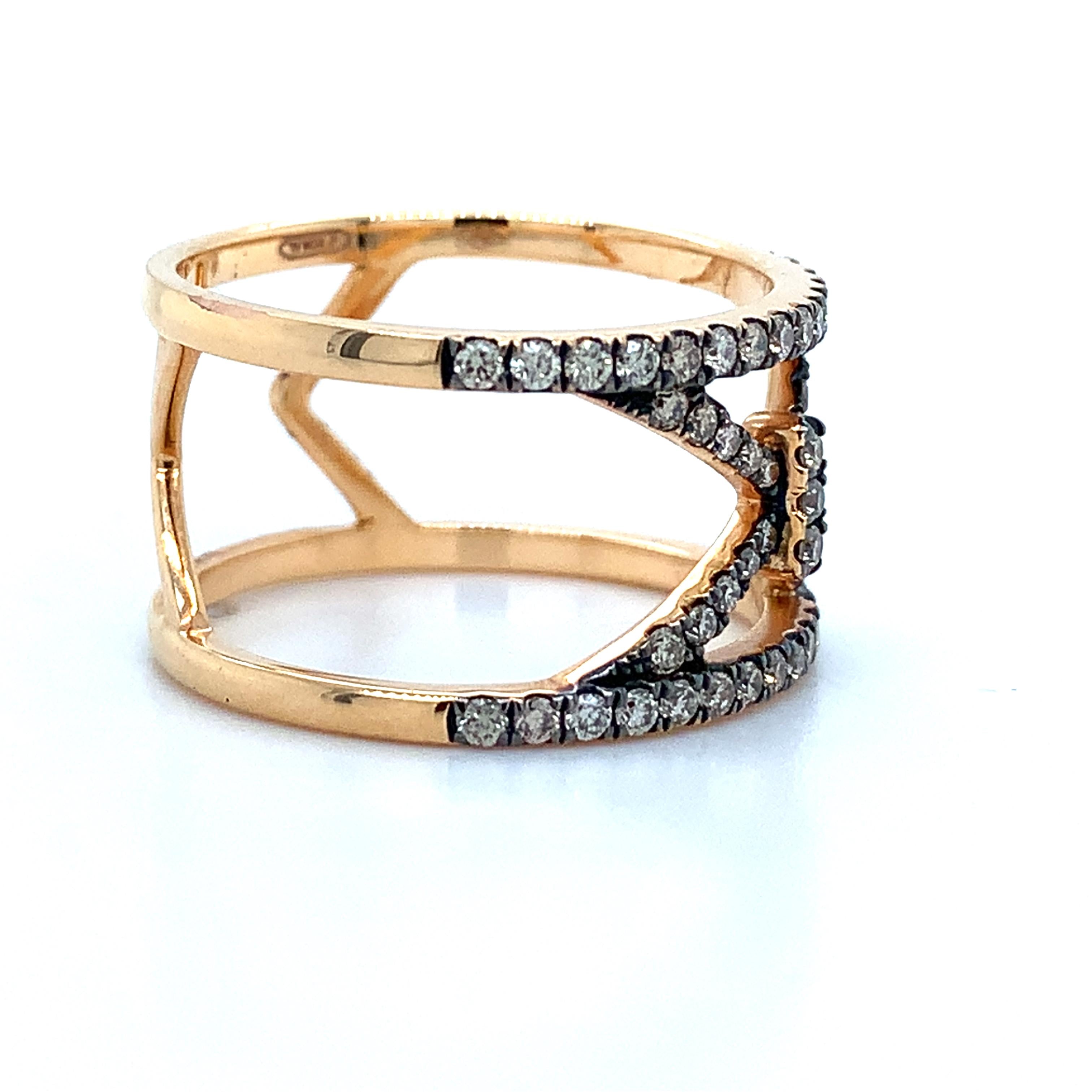 Piazza Italia 18K Rose Gold Pave Brown Diamond Open X Wide Ring Size 6.75