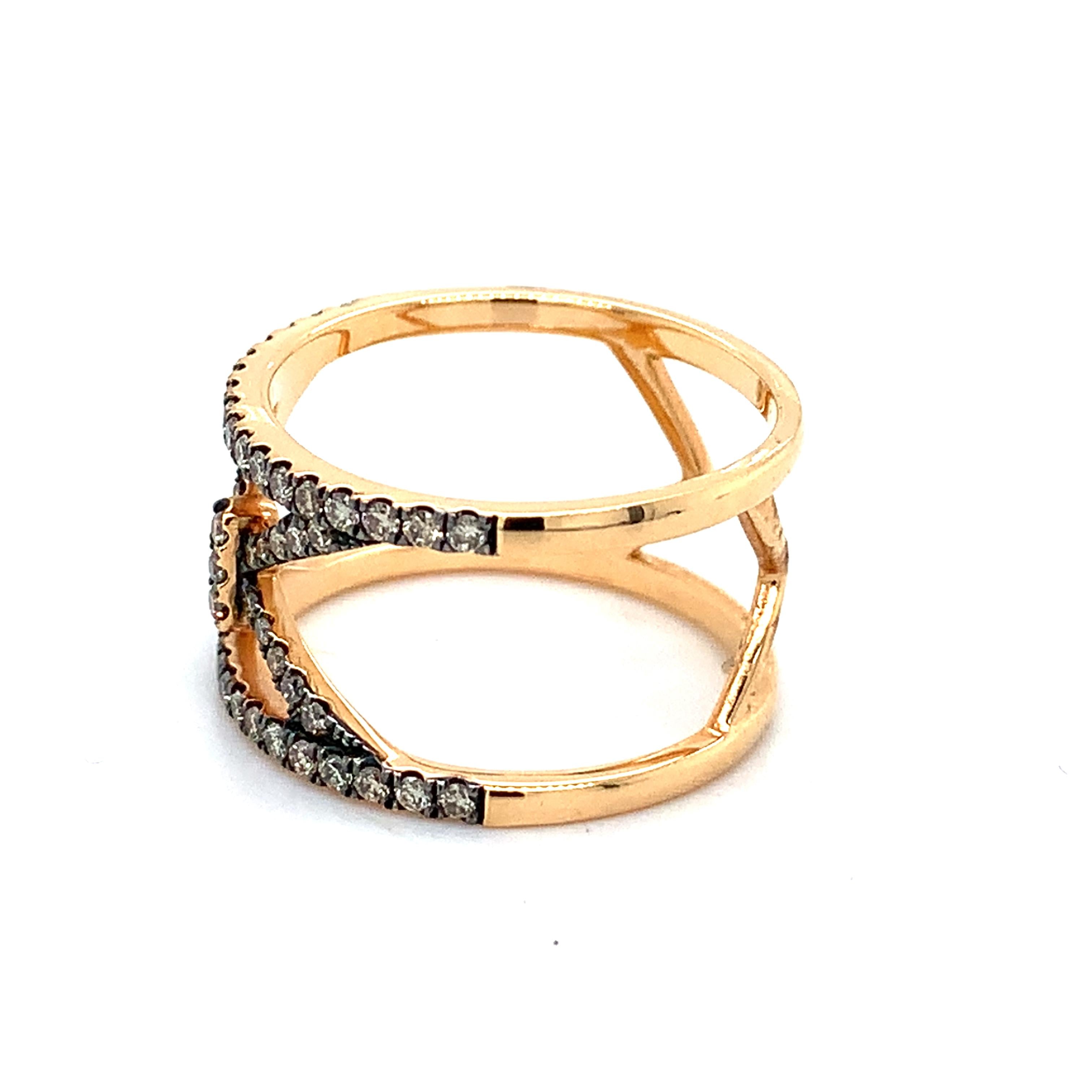 Piazza Italia 18K Rose Gold Pave Brown Diamond Open X Wide Ring Size 6.75
