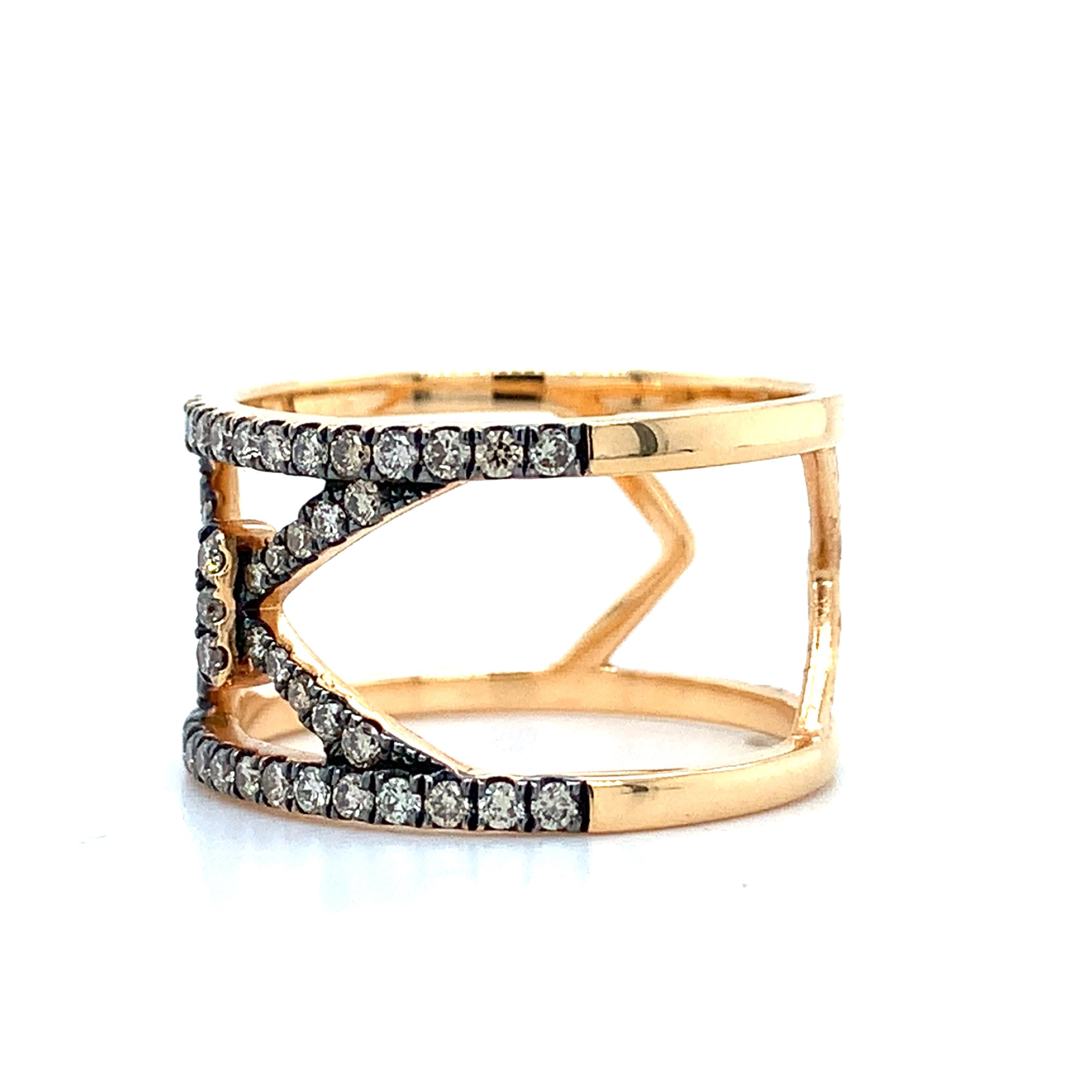 Piazza Italia 18K Rose Gold Pave Brown Diamond Open X Wide Ring Size 6.75