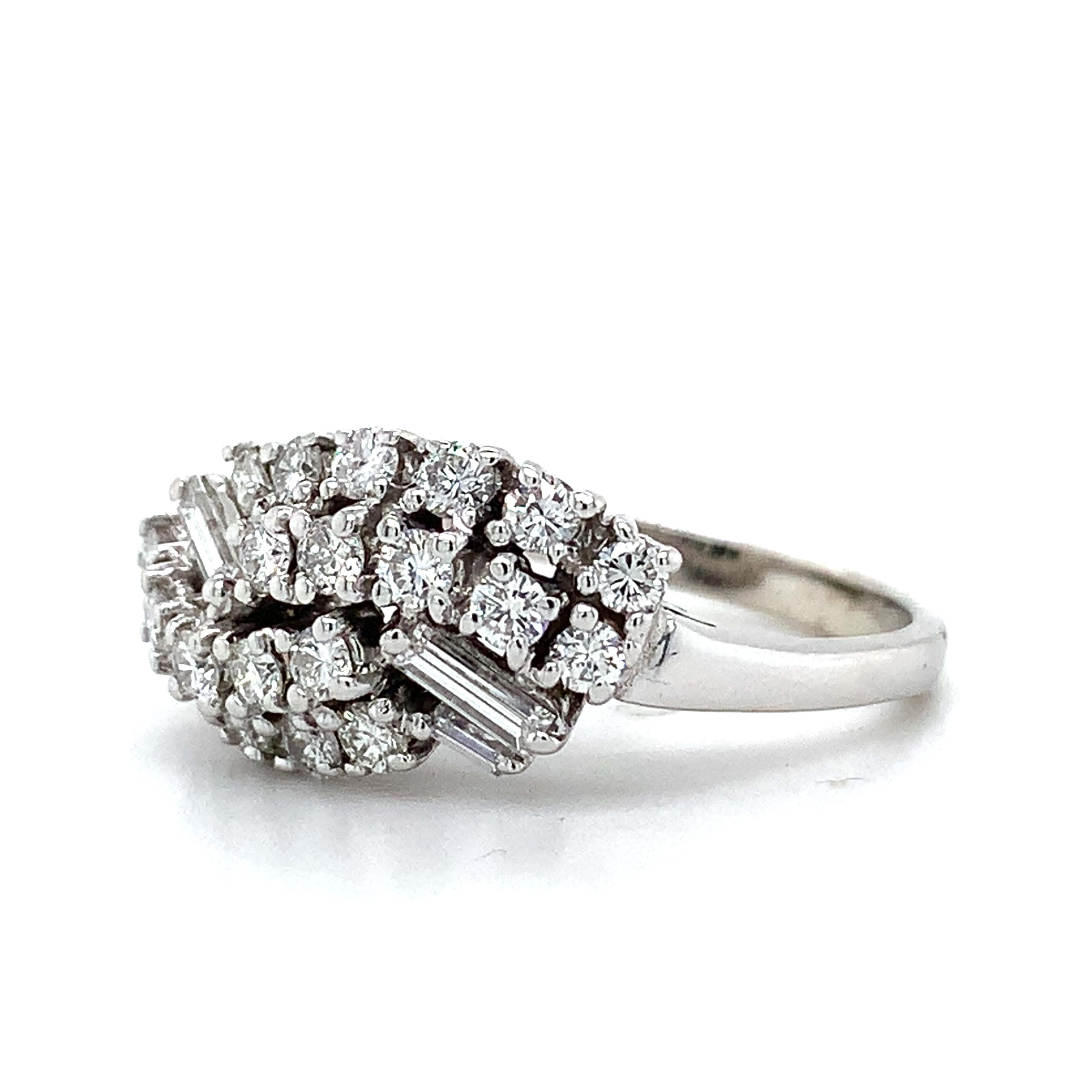 Vintage 14K White Gold Baguette And Round Diamond Bypass Ring Size 7