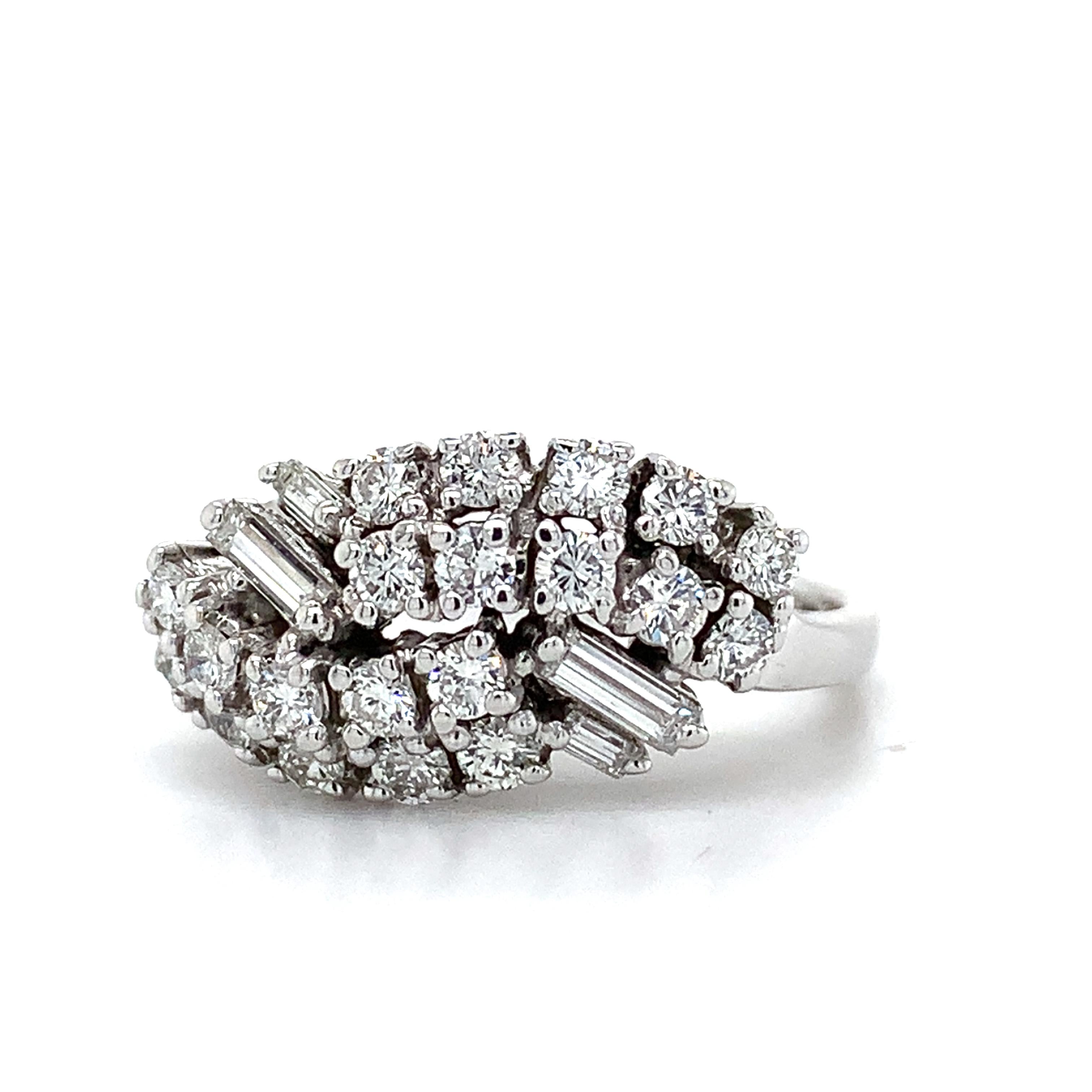 Vintage 14K White Gold Baguette And Round Diamond Bypass Ring Size 7