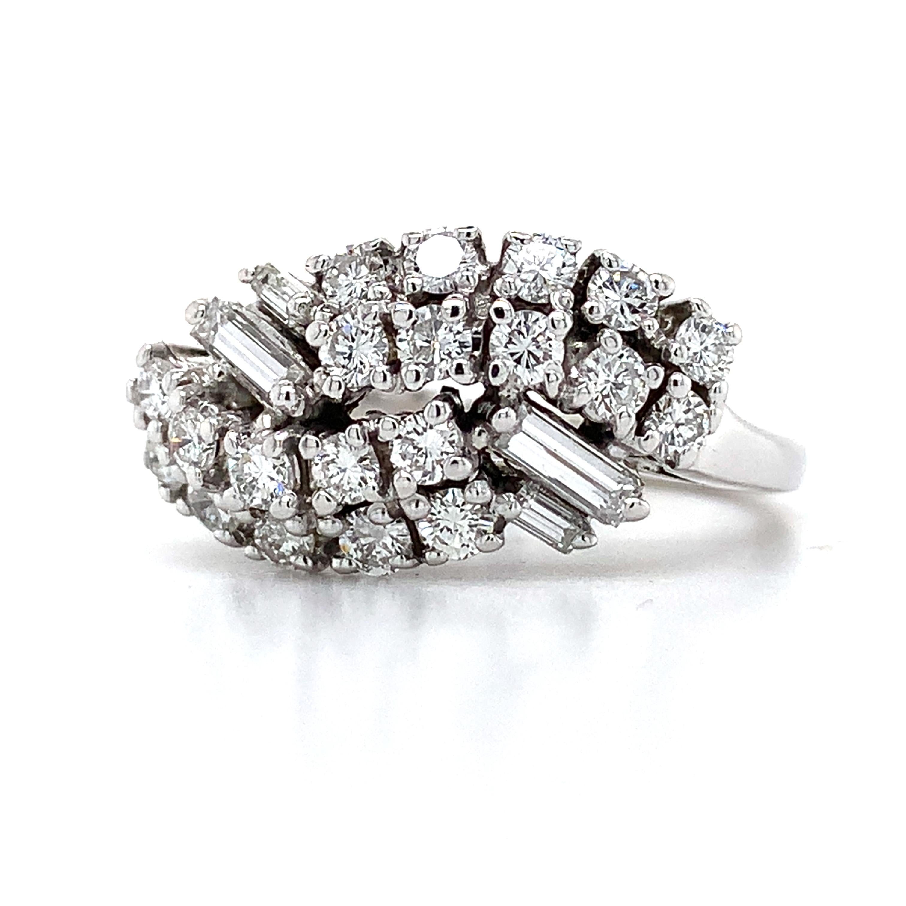 Vintage 14K White Gold Baguette And Round Diamond Bypass Ring Size 7