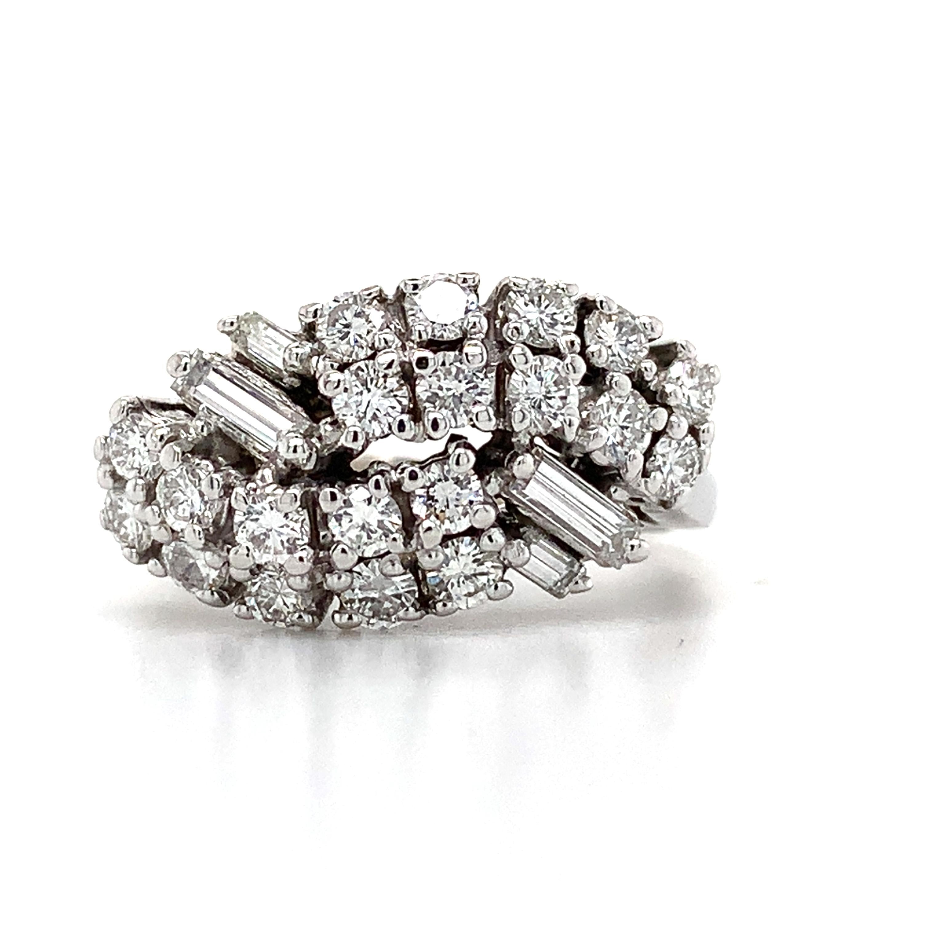 Vintage 14K White Gold Baguette And Round Diamond Bypass Ring Size 7