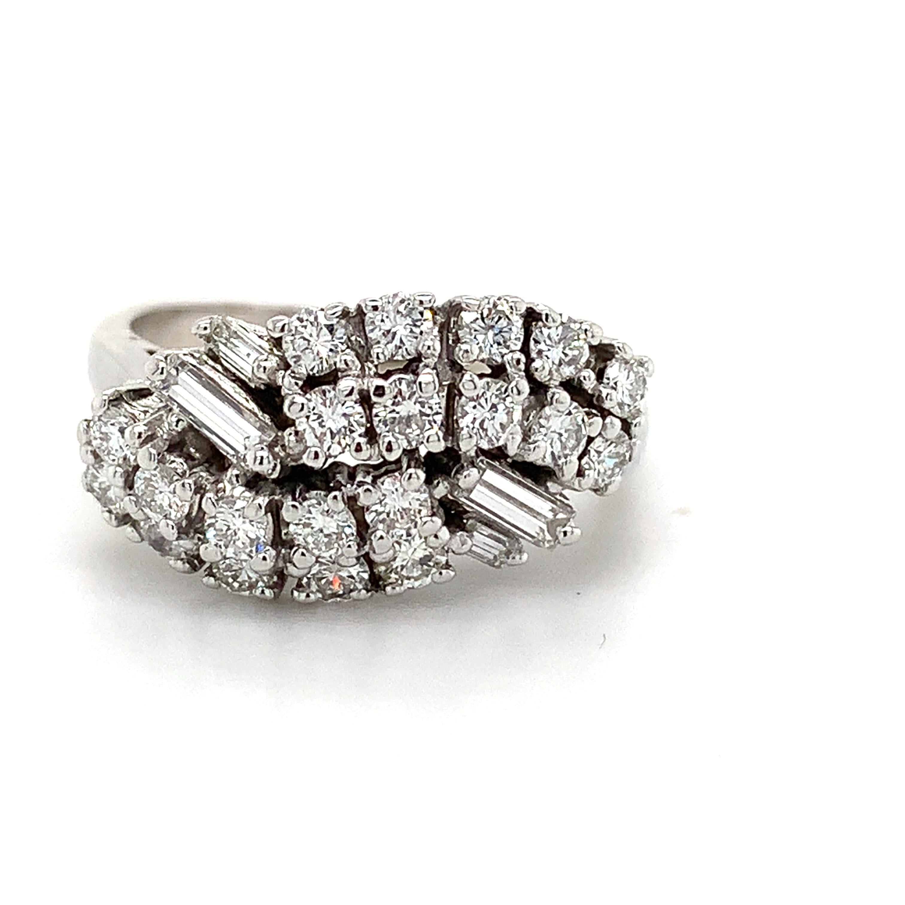 Vintage 14K White Gold Baguette And Round Diamond Bypass Ring Size 7