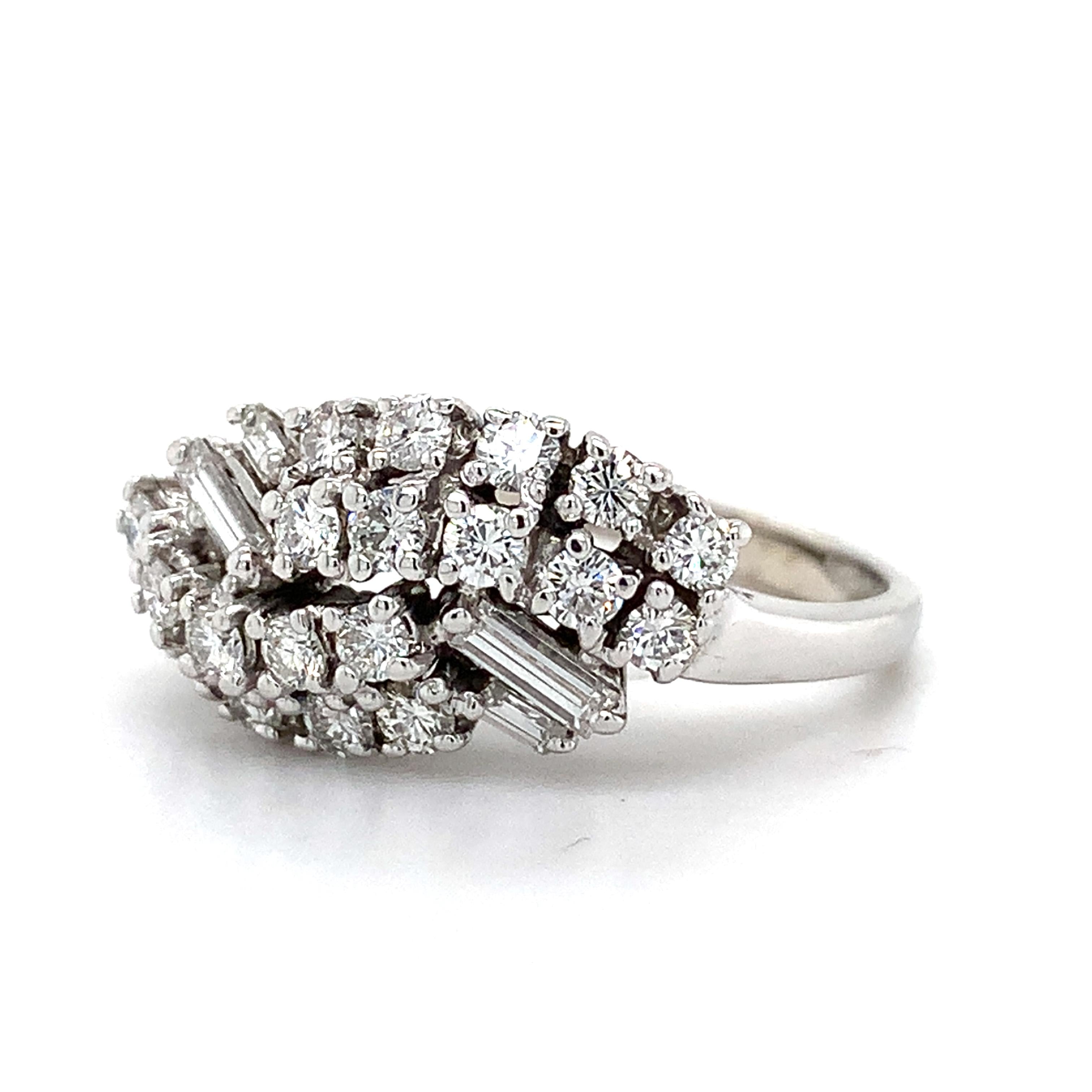 Vintage 14K White Gold Baguette And Round Diamond Bypass Ring Size 7