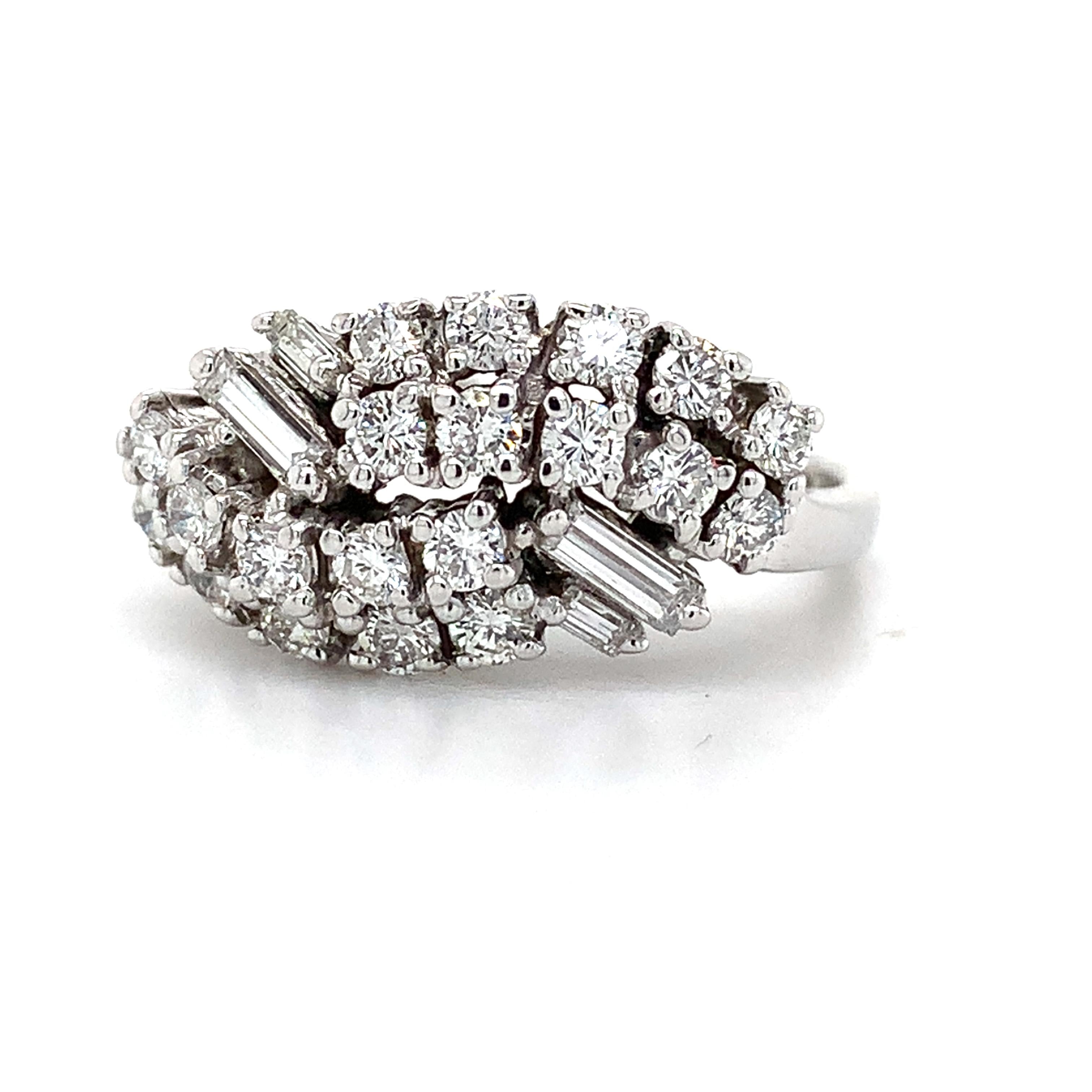 Vintage 14K White Gold Baguette And Round Diamond Bypass Ring Size 7