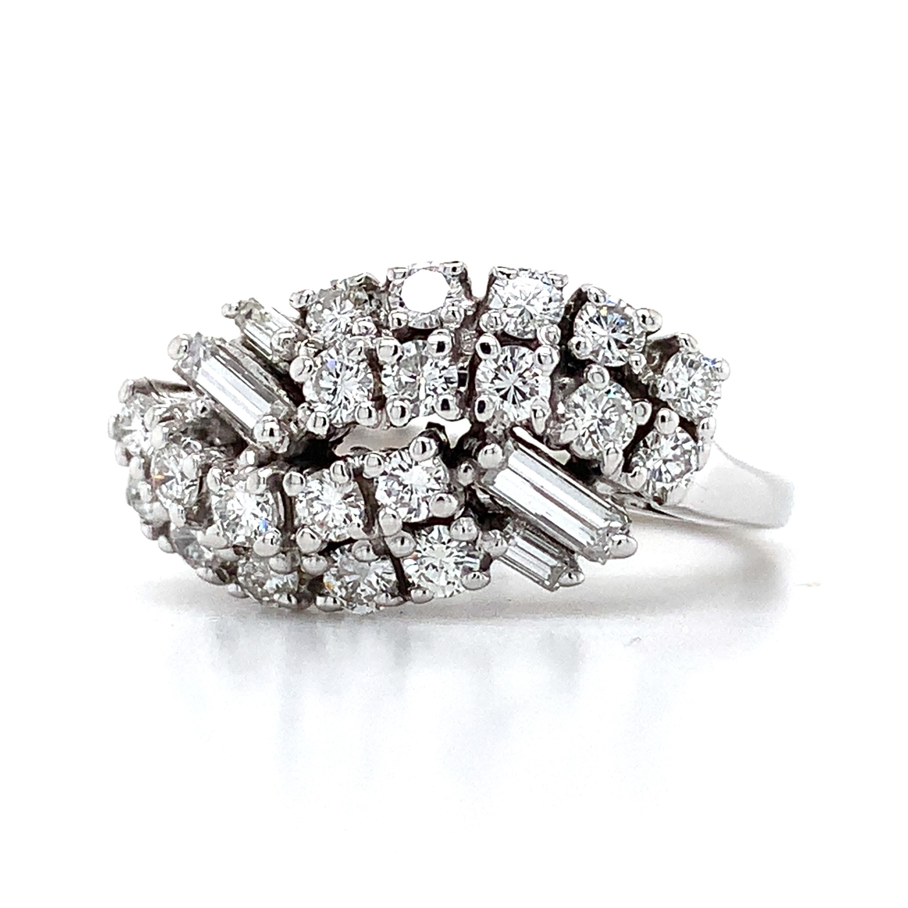 Vintage 14K White Gold Baguette And Round Diamond Bypass Ring Size 7