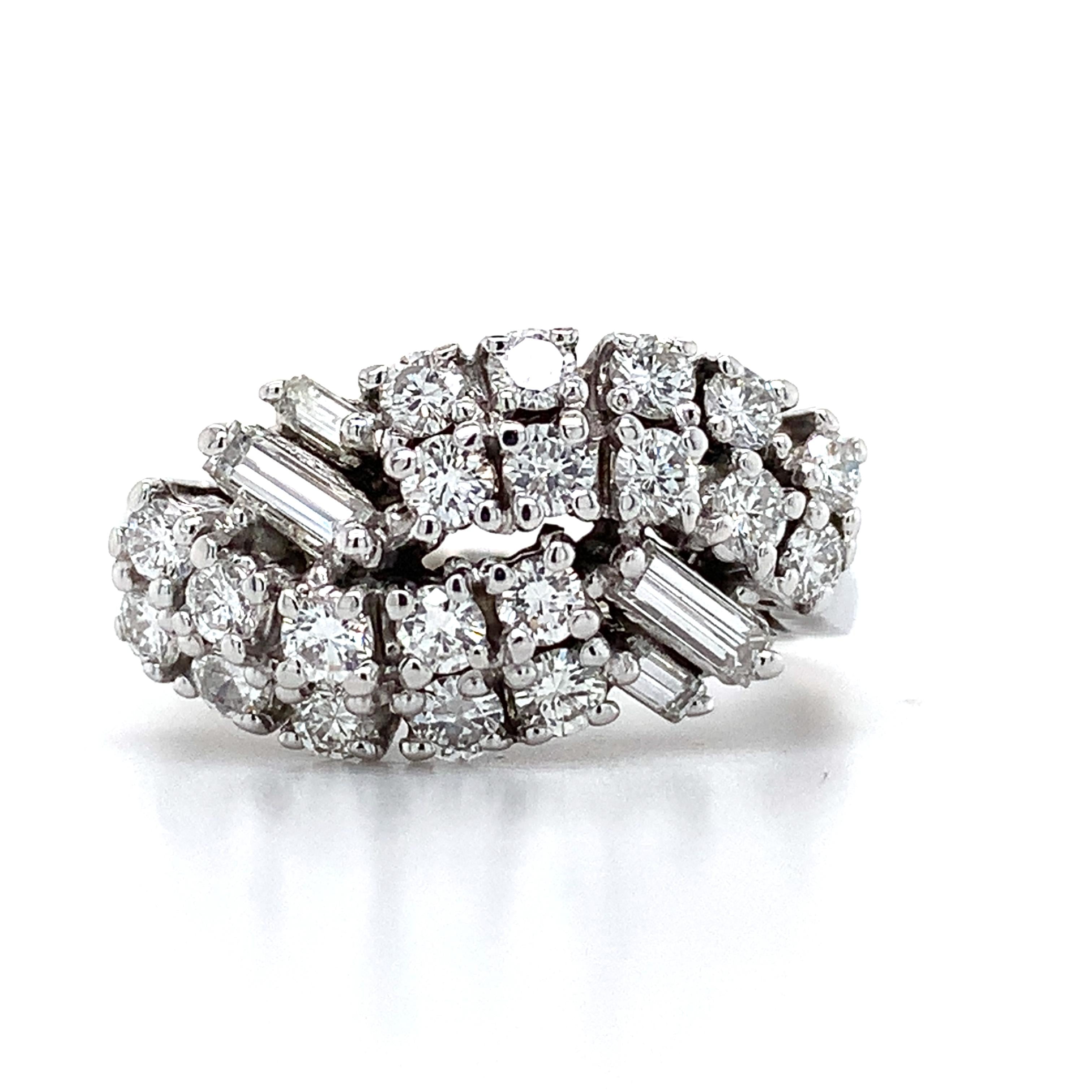 Vintage 14K White Gold Baguette And Round Diamond Bypass Ring Size 7