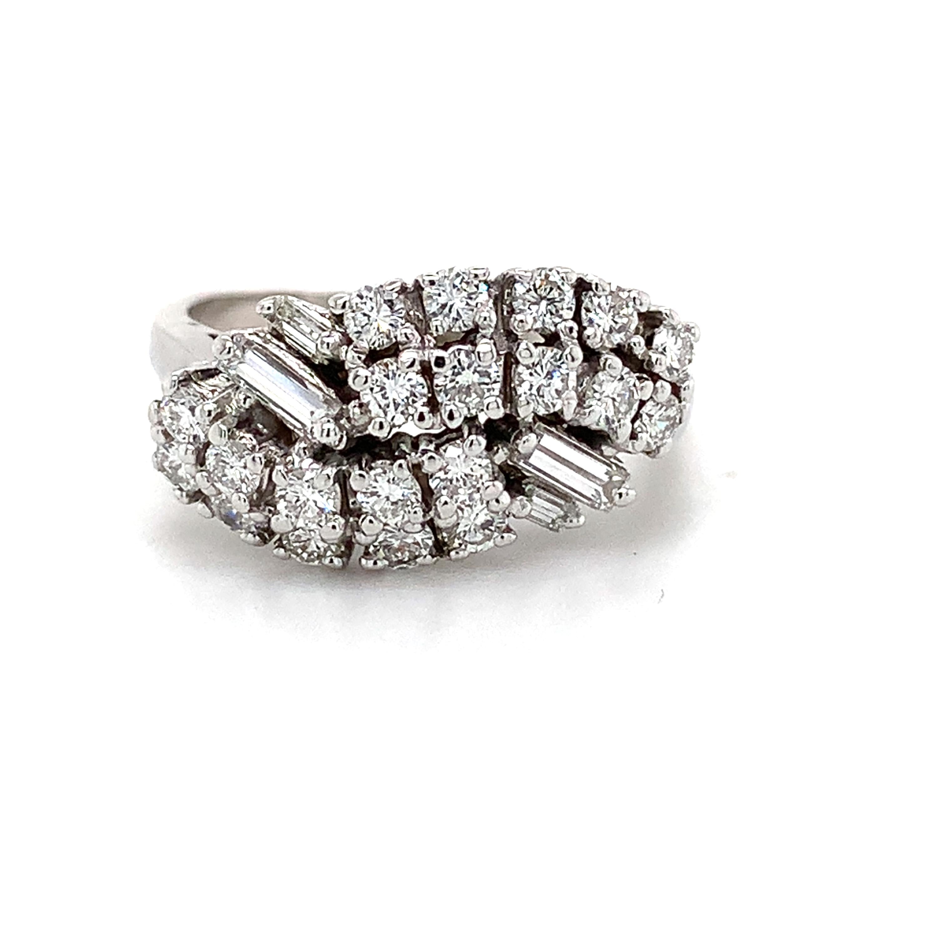 Vintage 14K White Gold Baguette And Round Diamond Bypass Ring Size 7