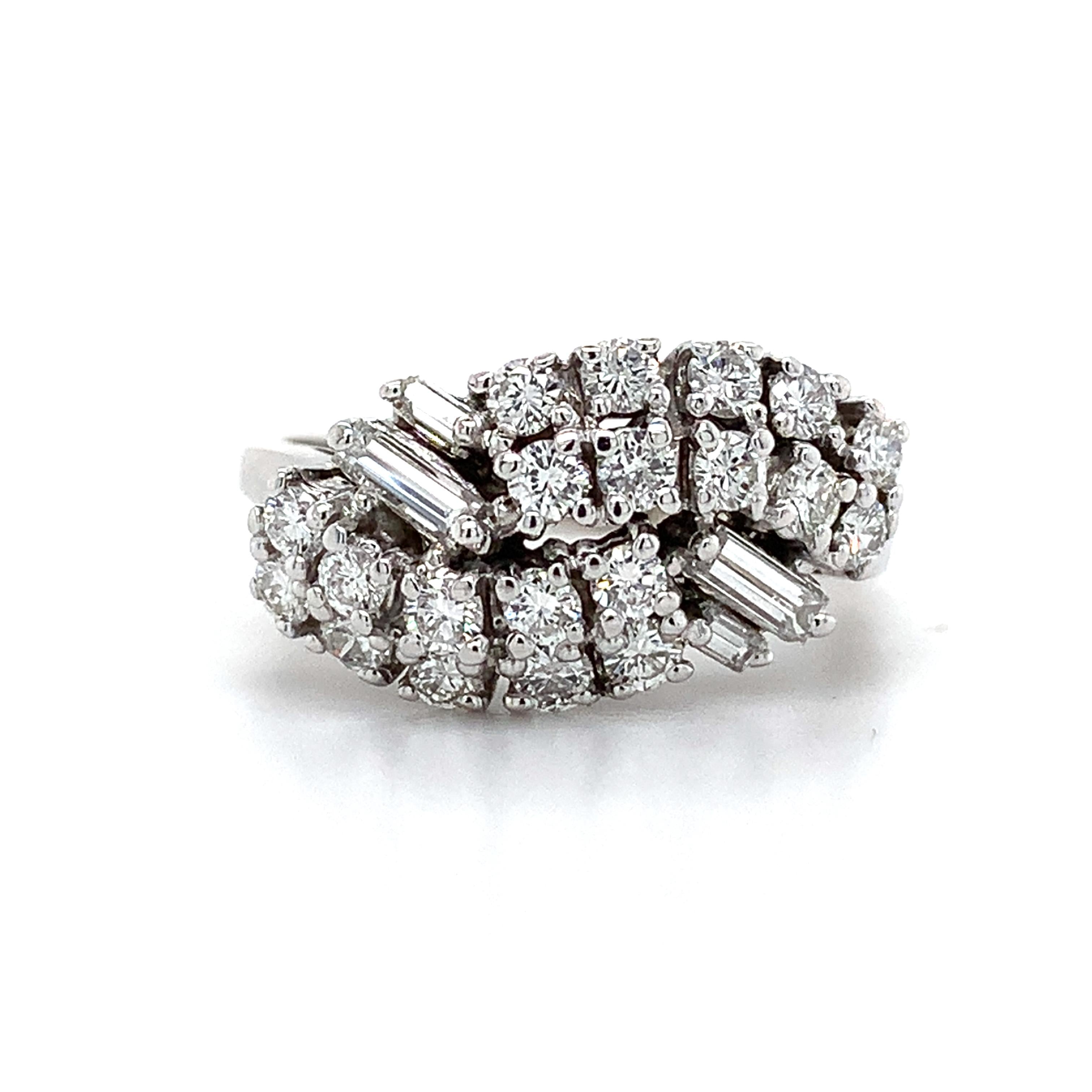 Vintage 14K White Gold Baguette And Round Diamond Bypass Ring Size 7