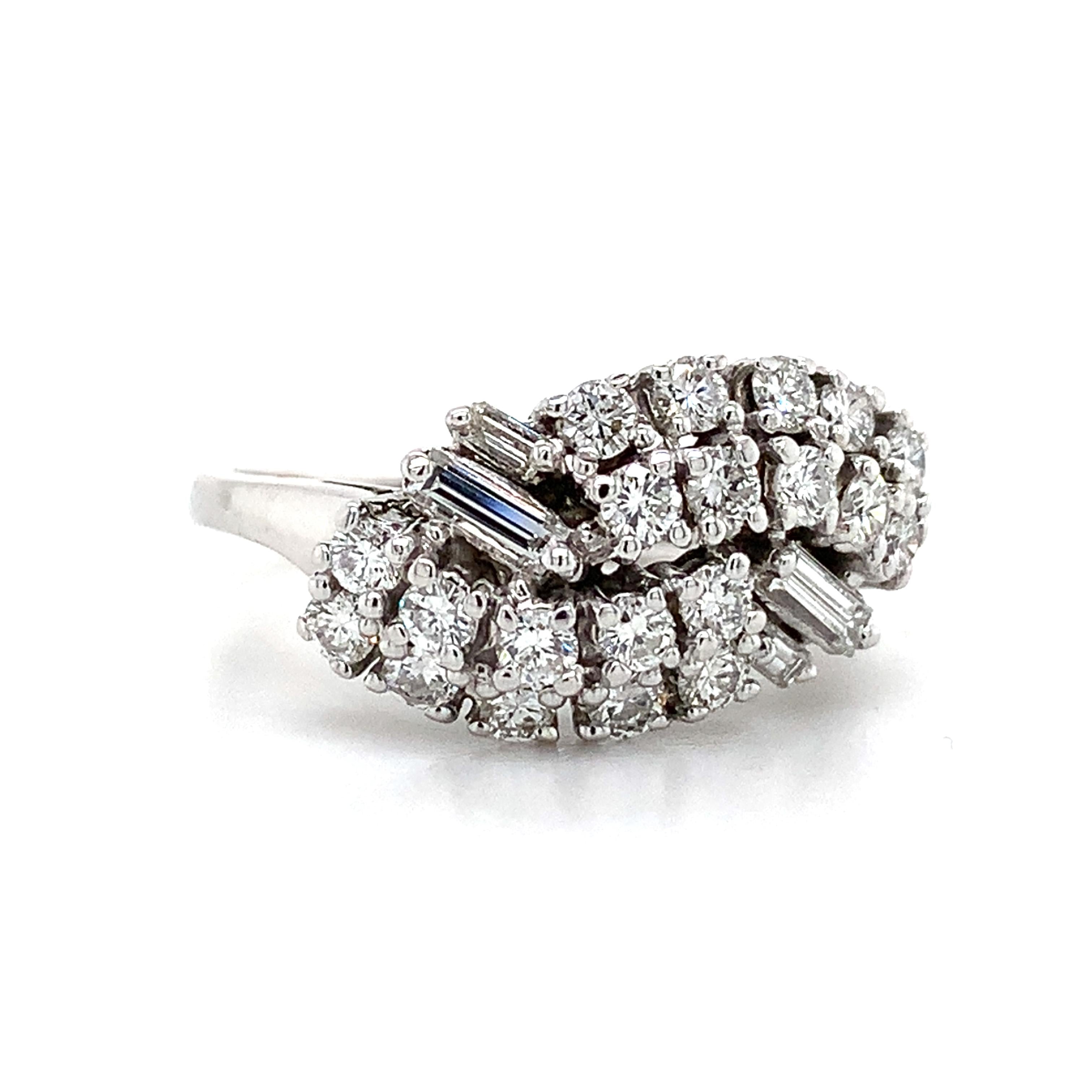 Vintage 14K White Gold Baguette And Round Diamond Bypass Ring Size 7