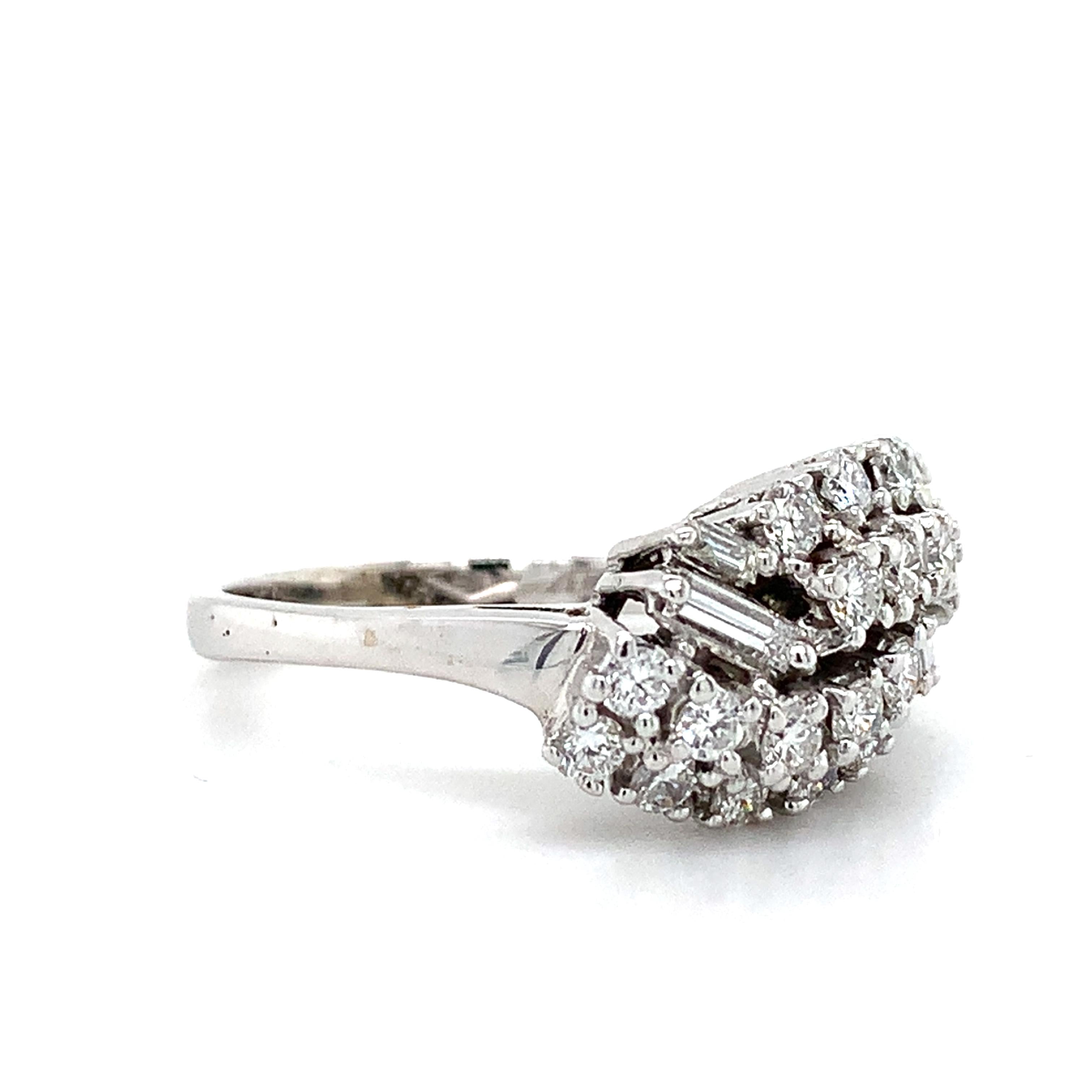 Vintage 14K White Gold Baguette And Round Diamond Bypass Ring Size 7
