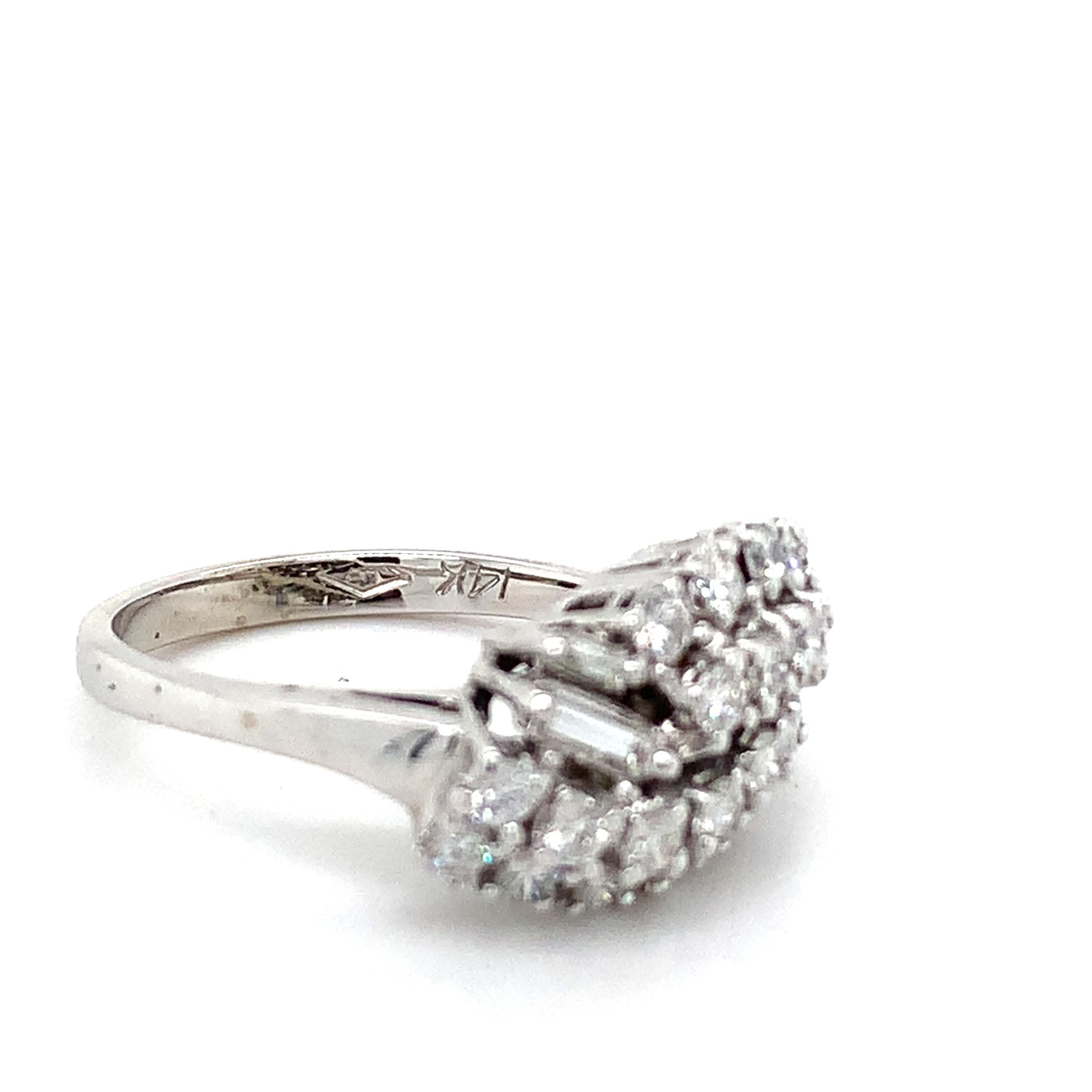 Vintage 14K White Gold Baguette And Round Diamond Bypass Ring Size 7