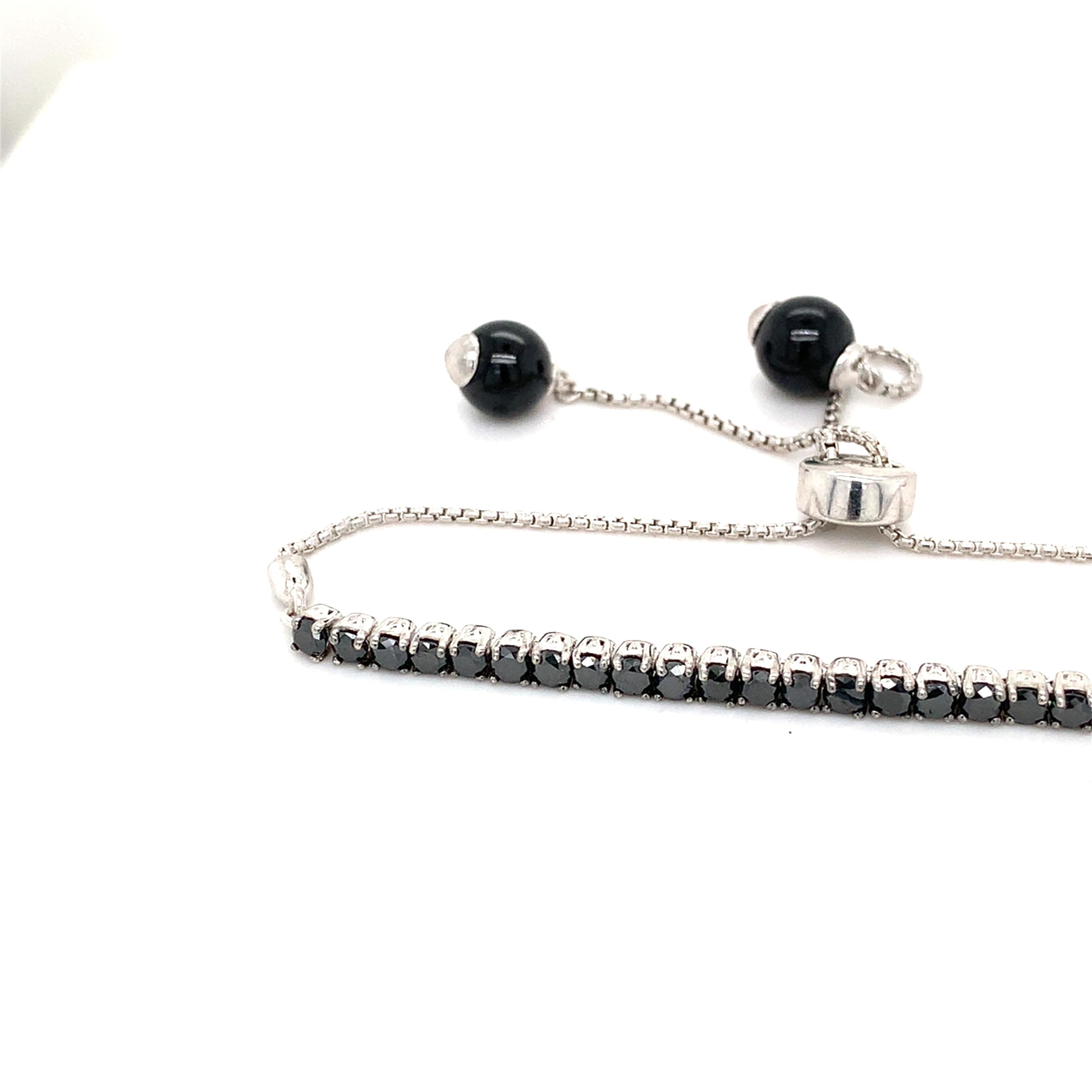 14k White Gold Round Black Diamond And Round Onyx Adjustable Bolo Bracelet