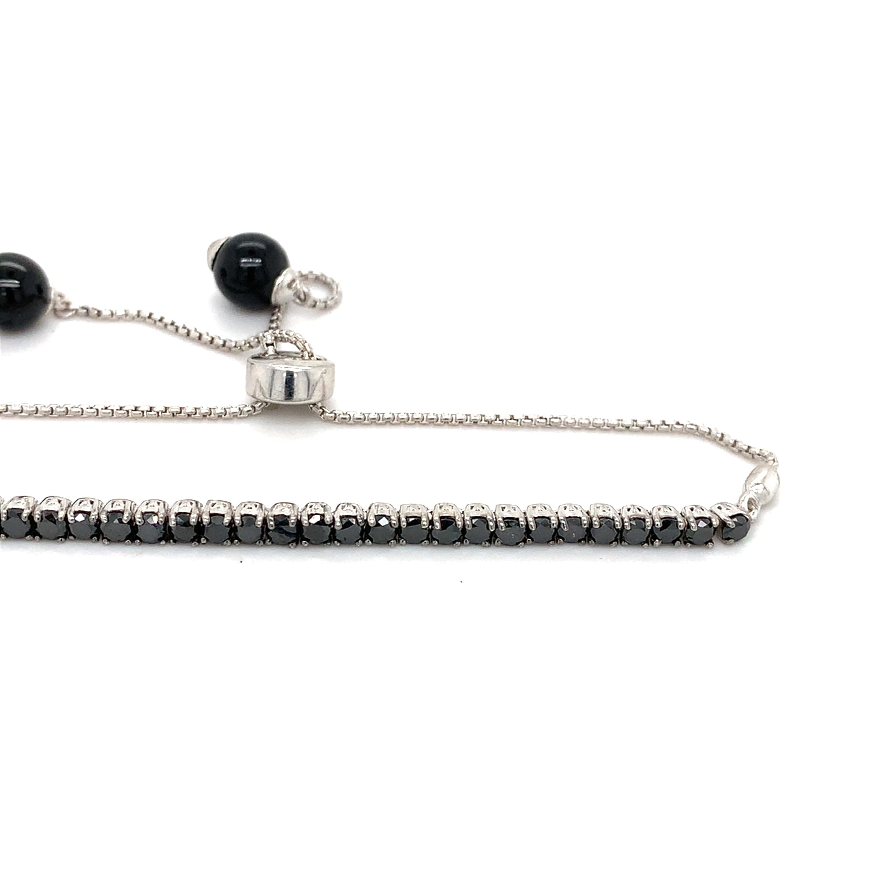 14k White Gold Round Black Diamond And Round Onyx Adjustable Bolo Bracelet