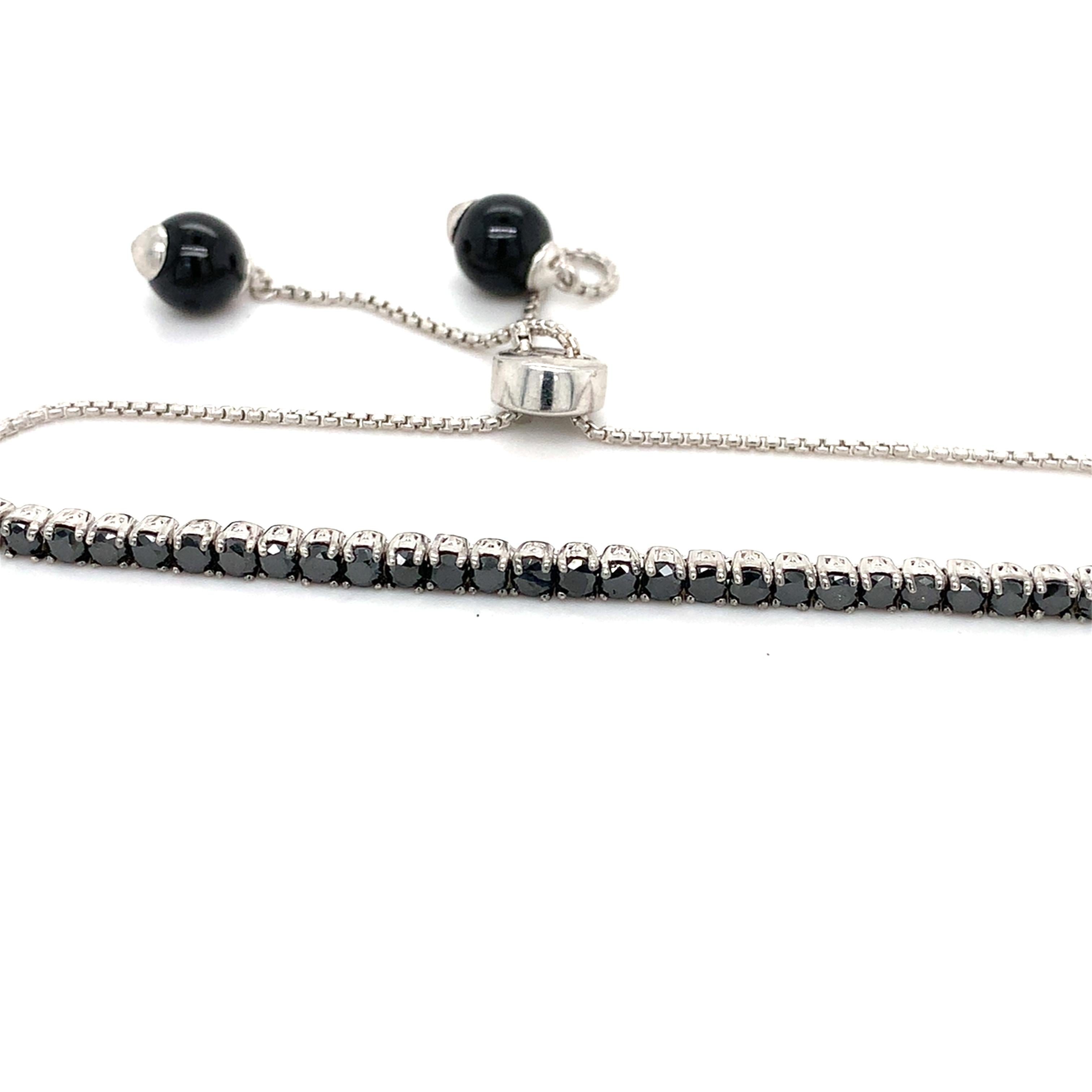 14k White Gold Round Black Diamond And Round Onyx Adjustable Bolo Bracelet