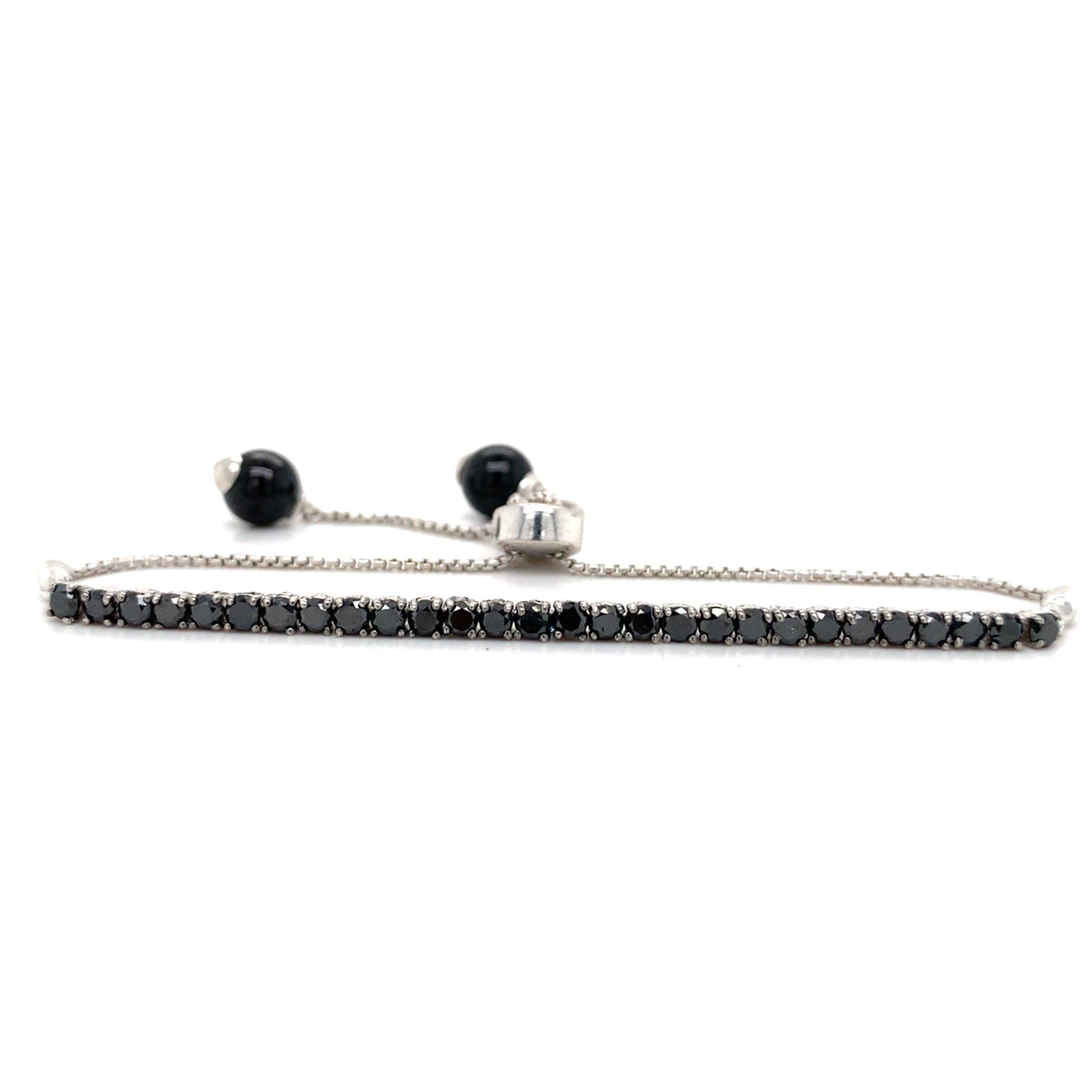14k White Gold Round Black Diamond And Round Onyx Adjustable Bolo Bracelet