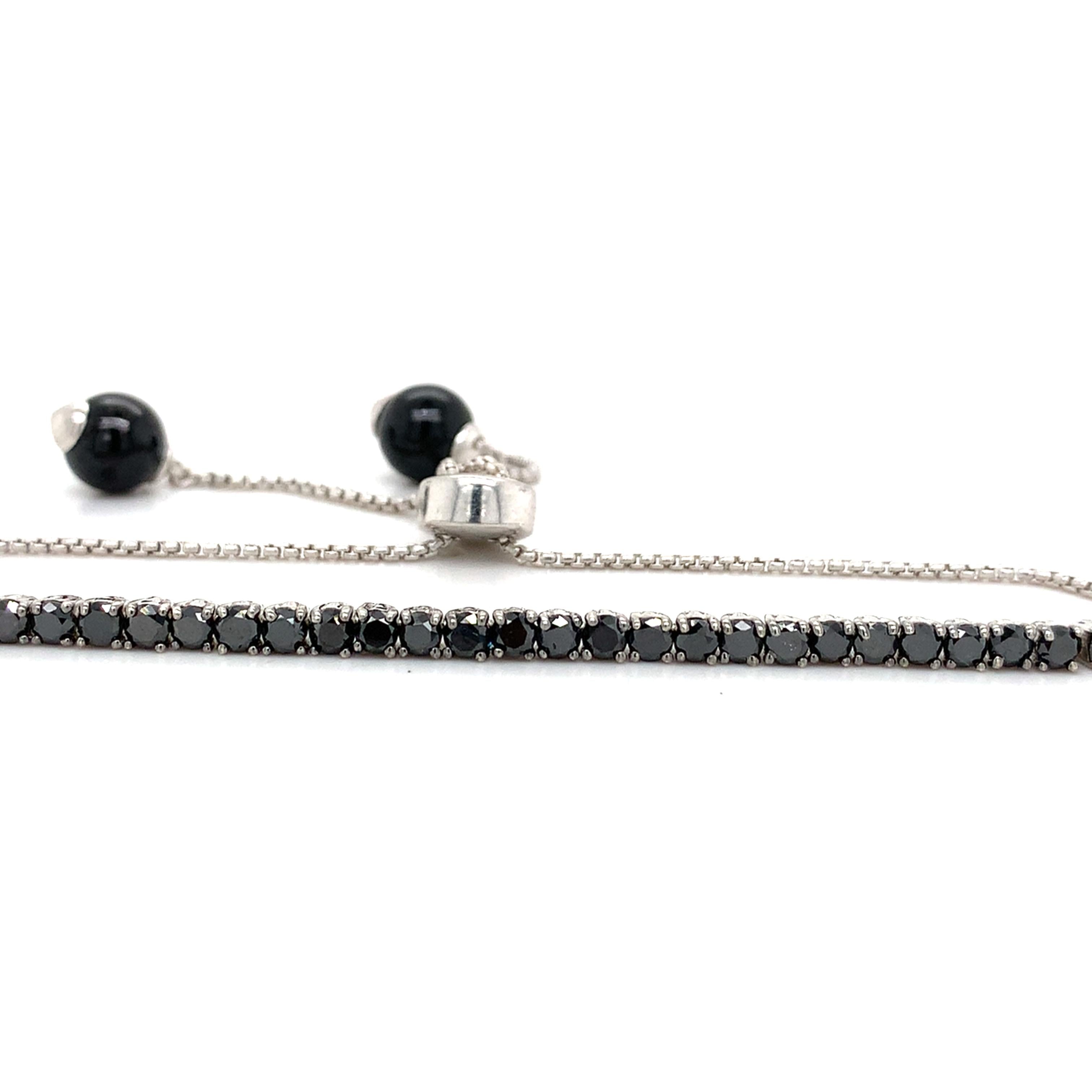 14k White Gold Round Black Diamond And Round Onyx Adjustable Bolo Bracelet
