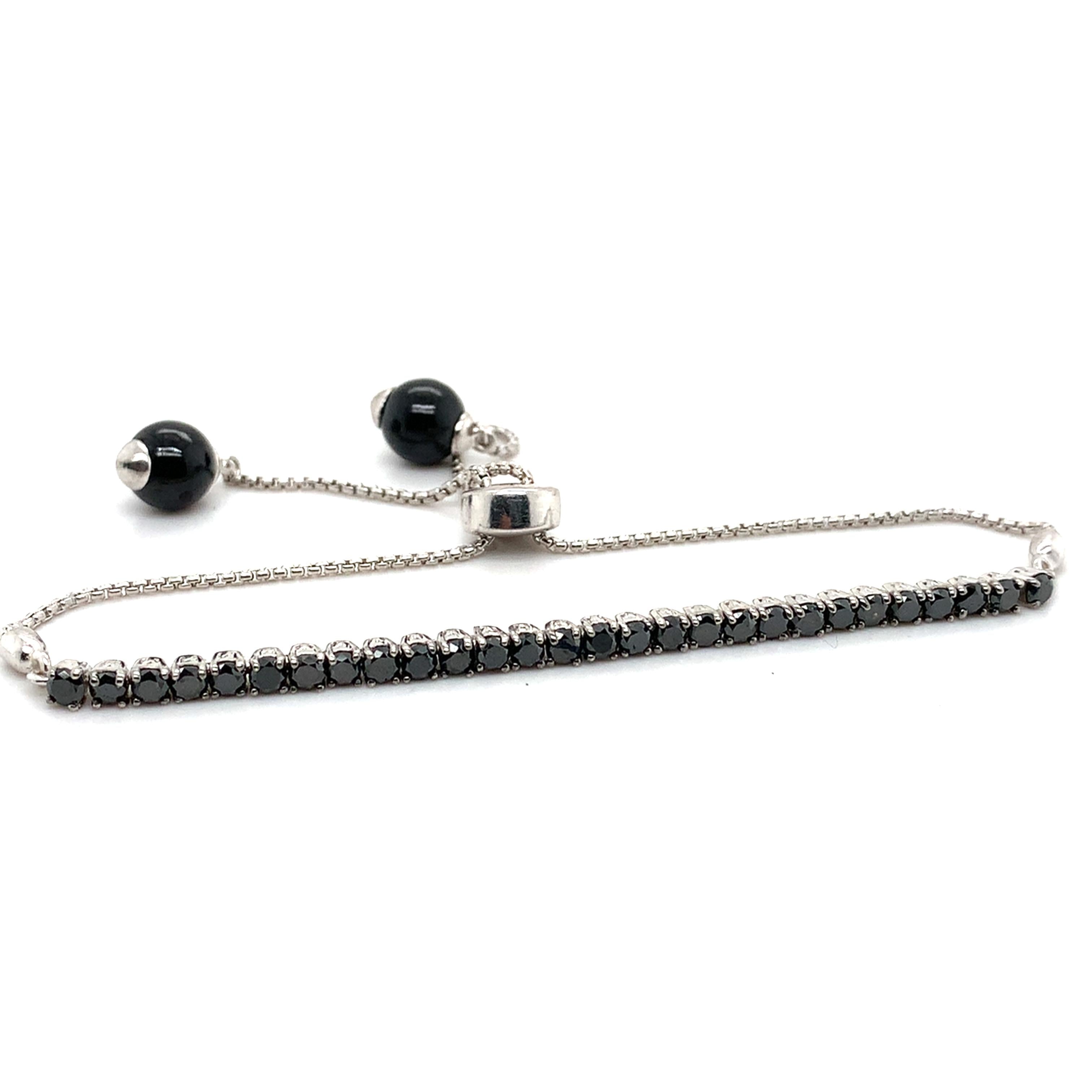 14k White Gold Round Black Diamond And Round Onyx Adjustable Bolo Bracelet