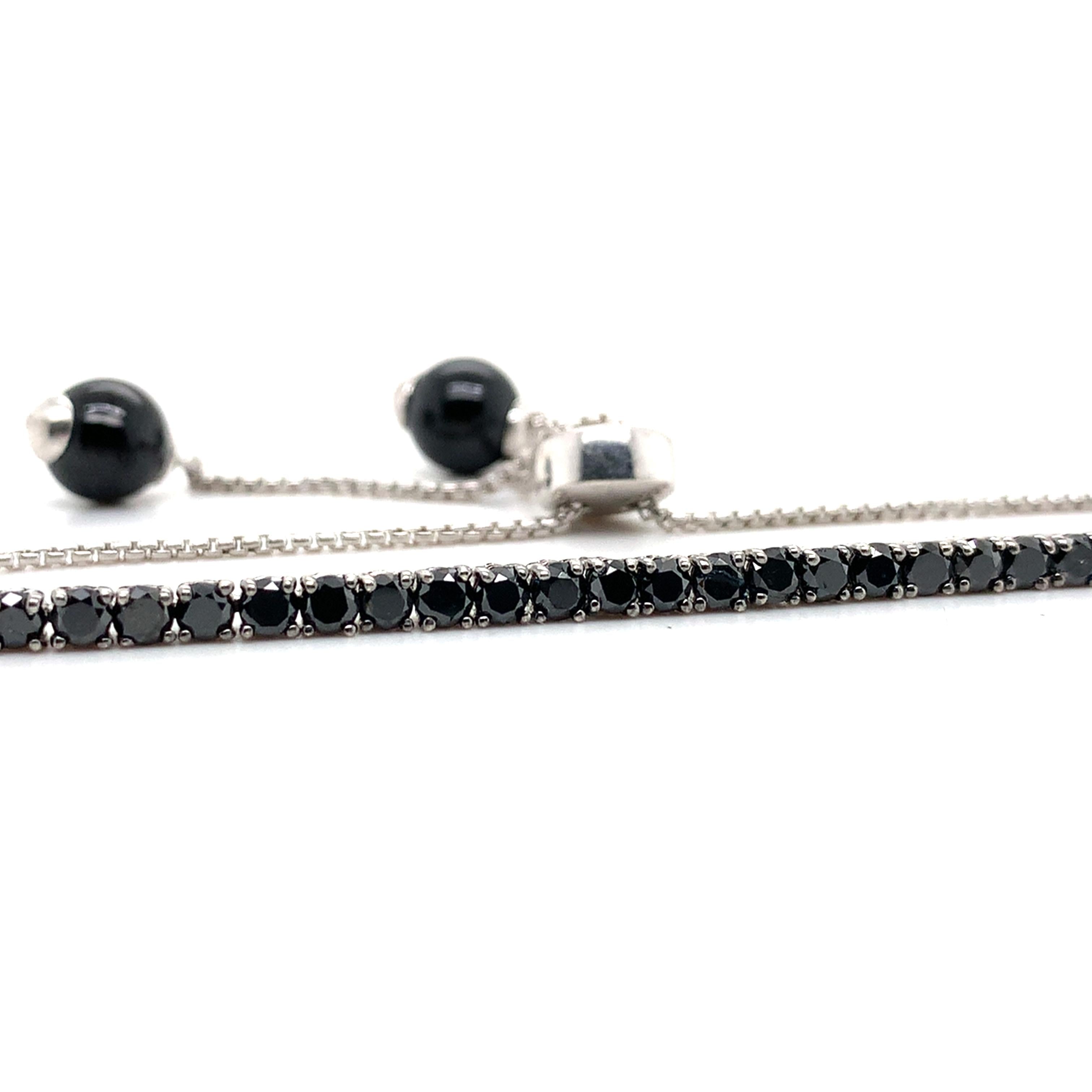 14k White Gold Round Black Diamond And Round Onyx Adjustable Bolo Bracelet