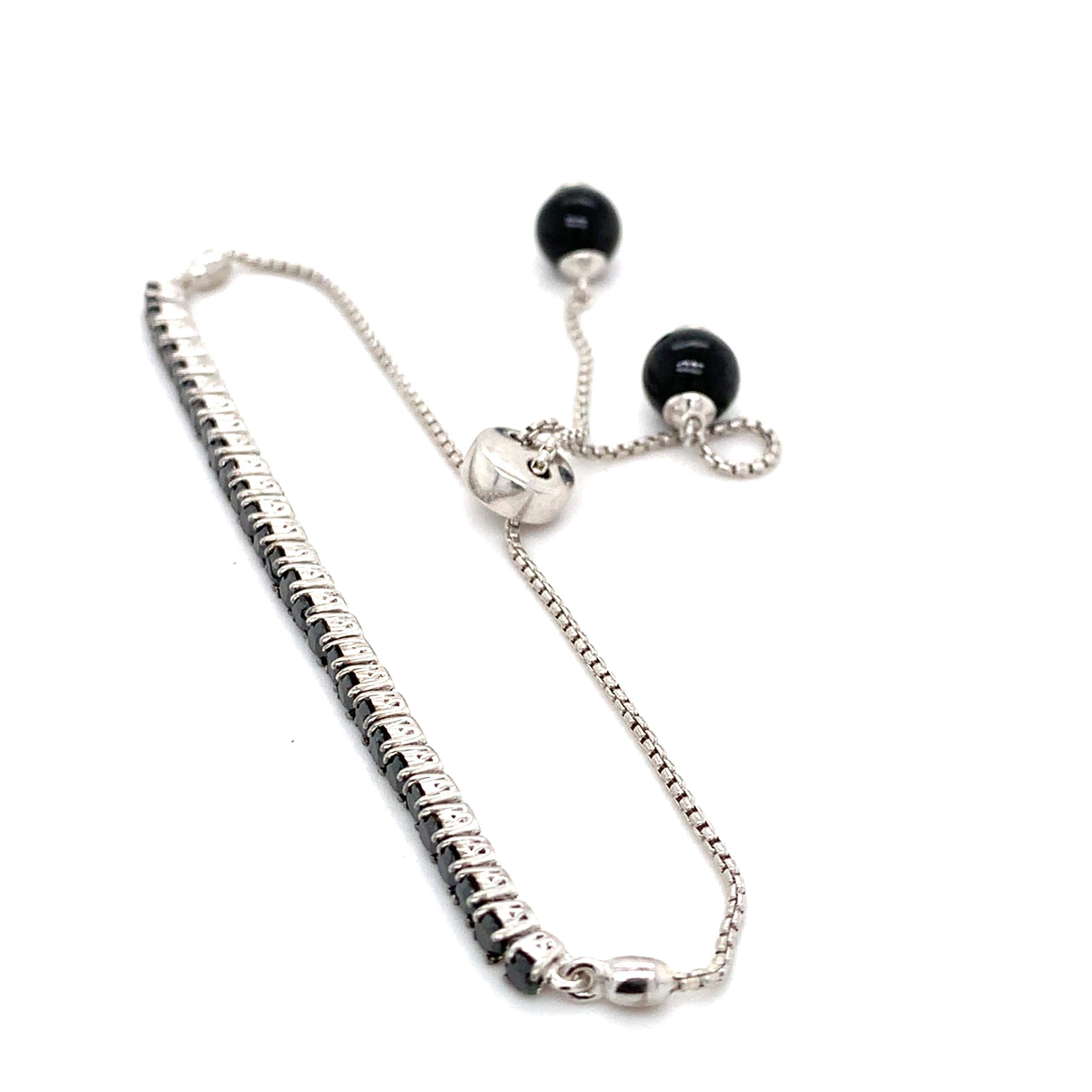 14k White Gold Round Black Diamond And Round Onyx Adjustable Bolo Bracelet