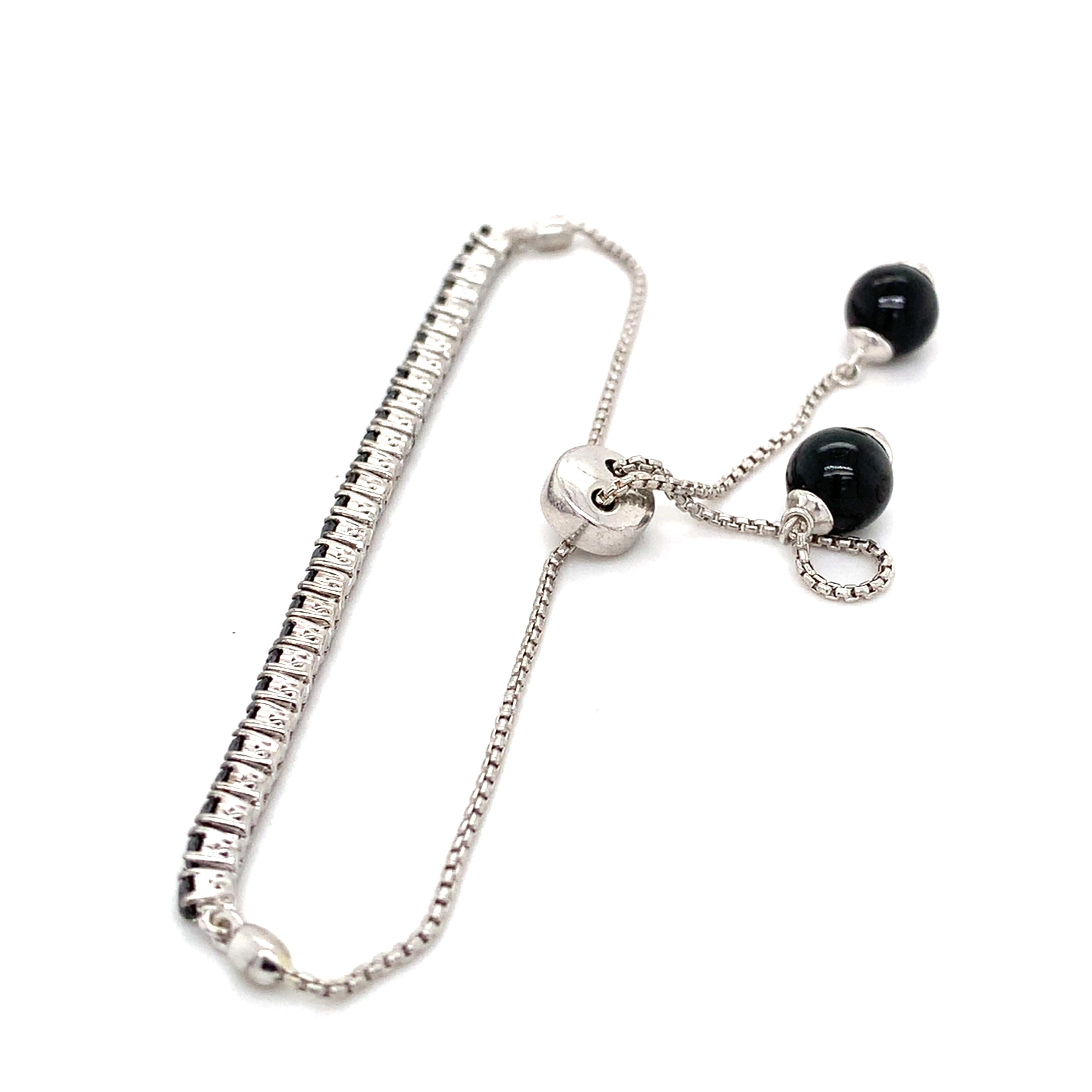 14k White Gold Round Black Diamond And Round Onyx Adjustable Bolo Bracelet