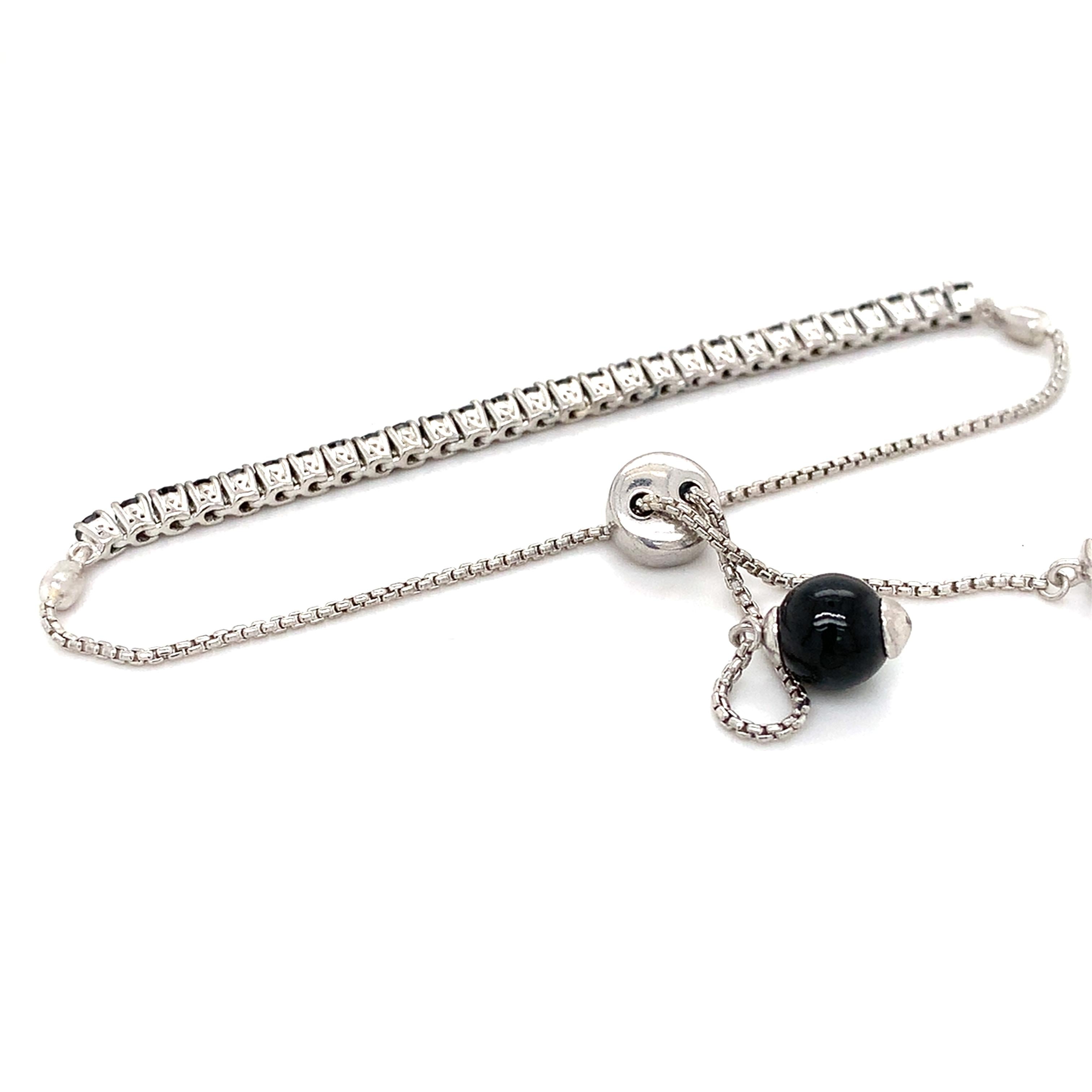 14k White Gold Round Black Diamond And Round Onyx Adjustable Bolo Bracelet