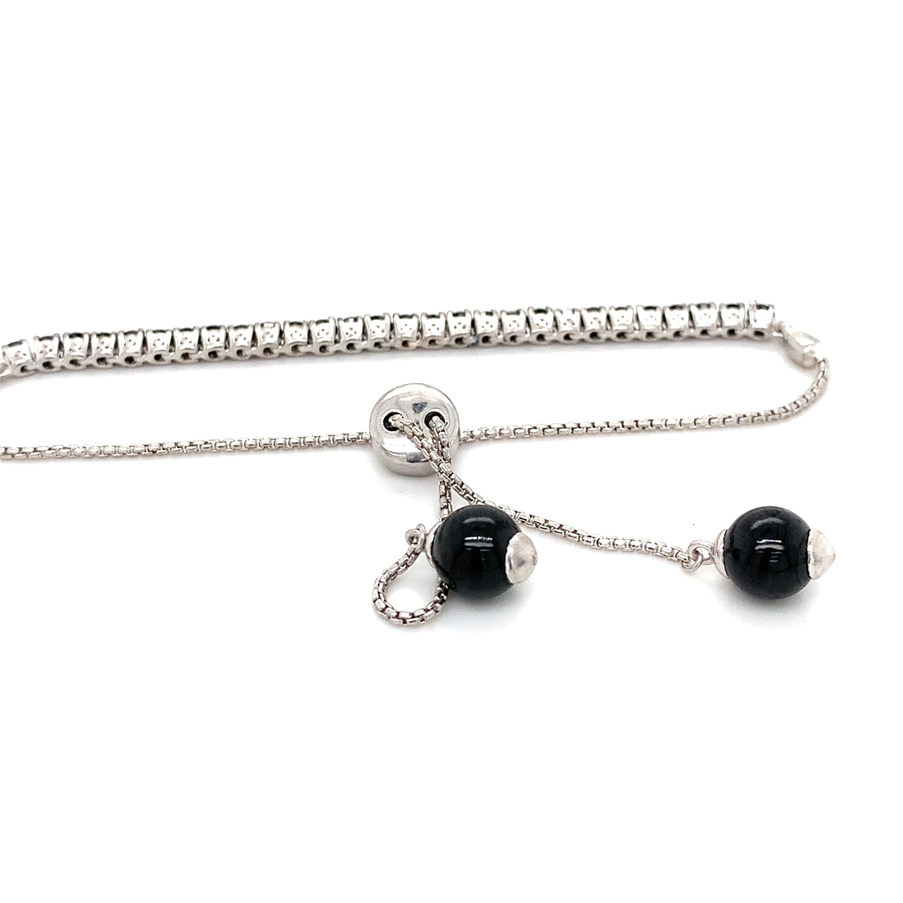 14k White Gold Round Black Diamond And Round Onyx Adjustable Bolo Bracelet