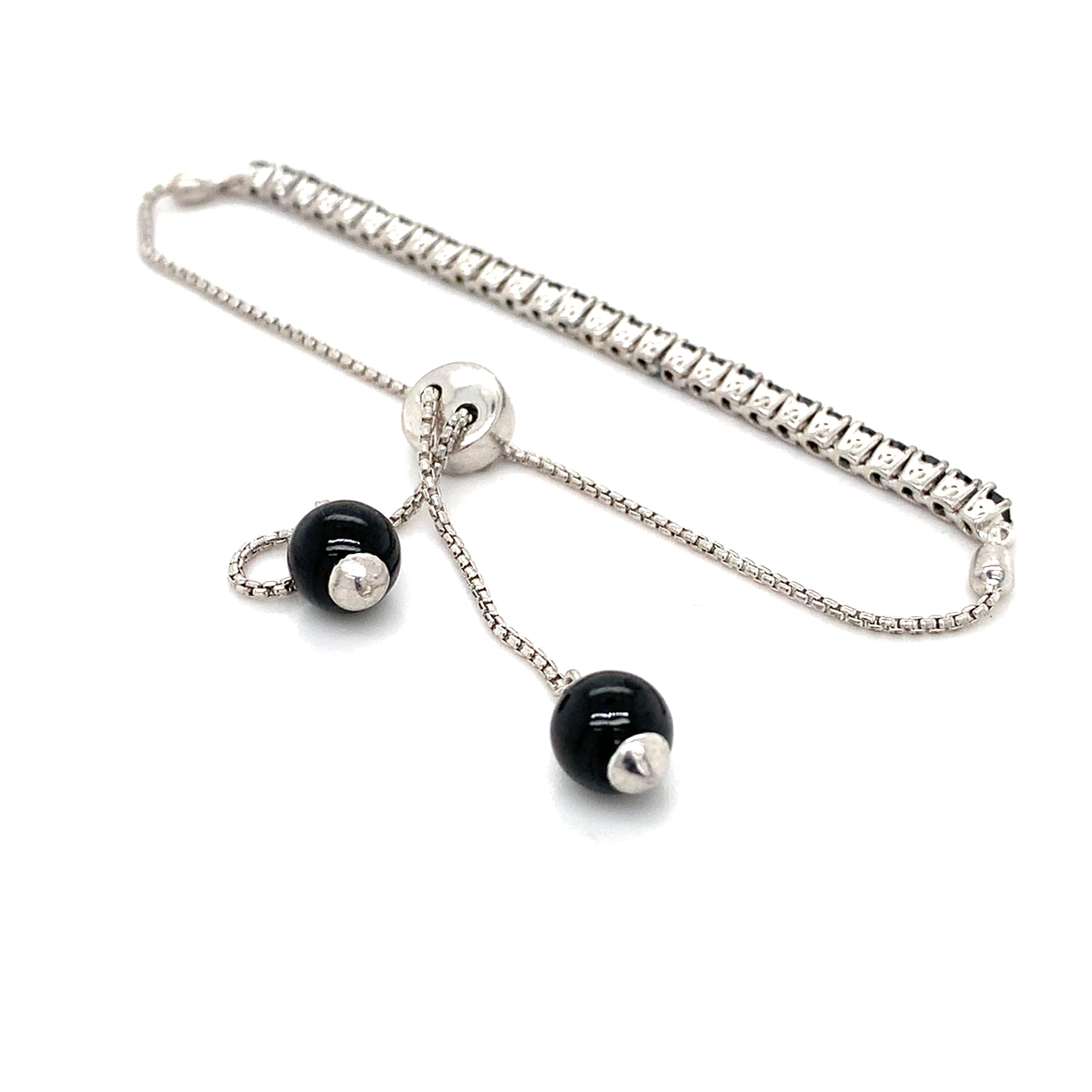 14k White Gold Round Black Diamond And Round Onyx Adjustable Bolo Bracelet